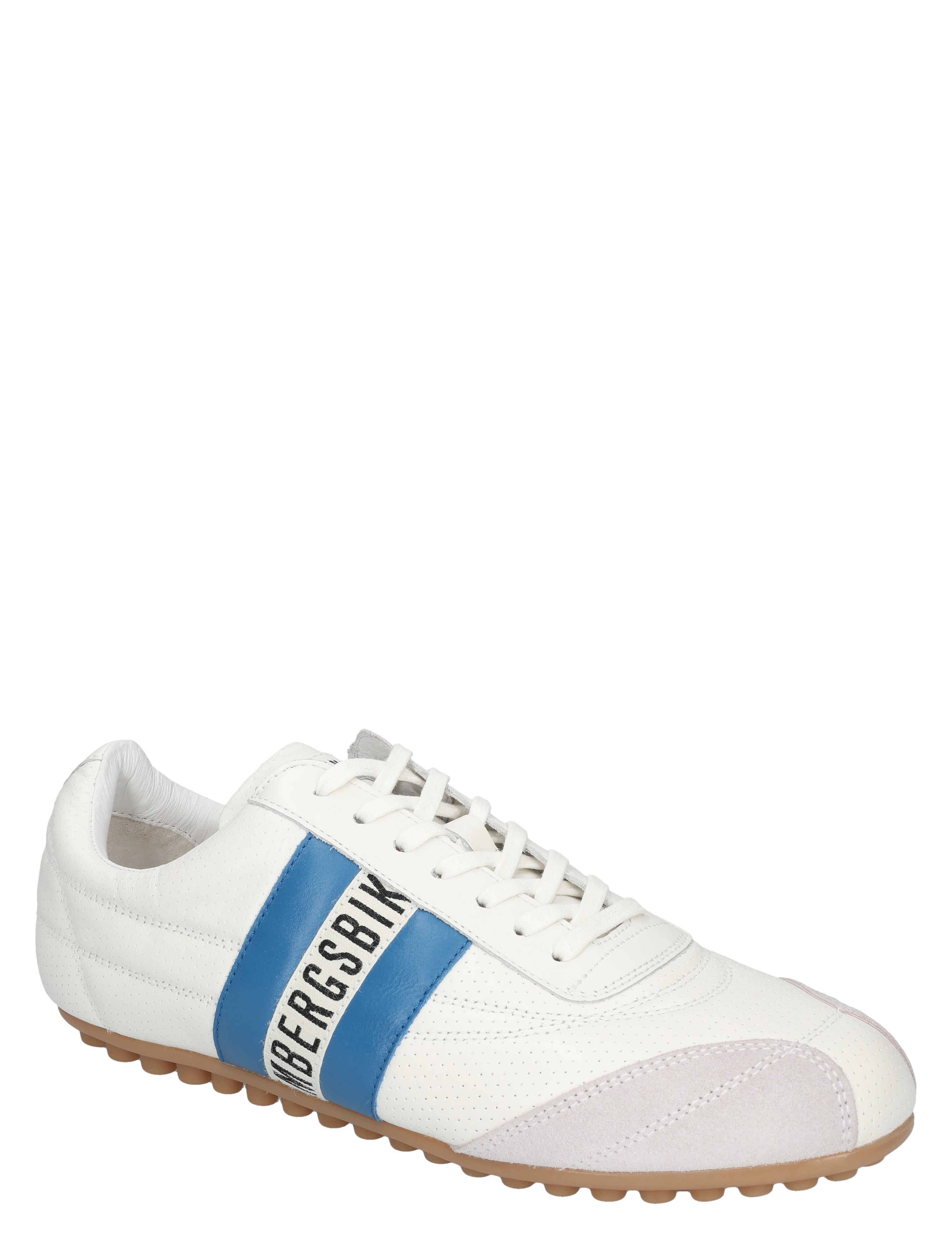 sneaker, witte schoen, game/voetbalachtig ontwerp, blauwe band, gumzool