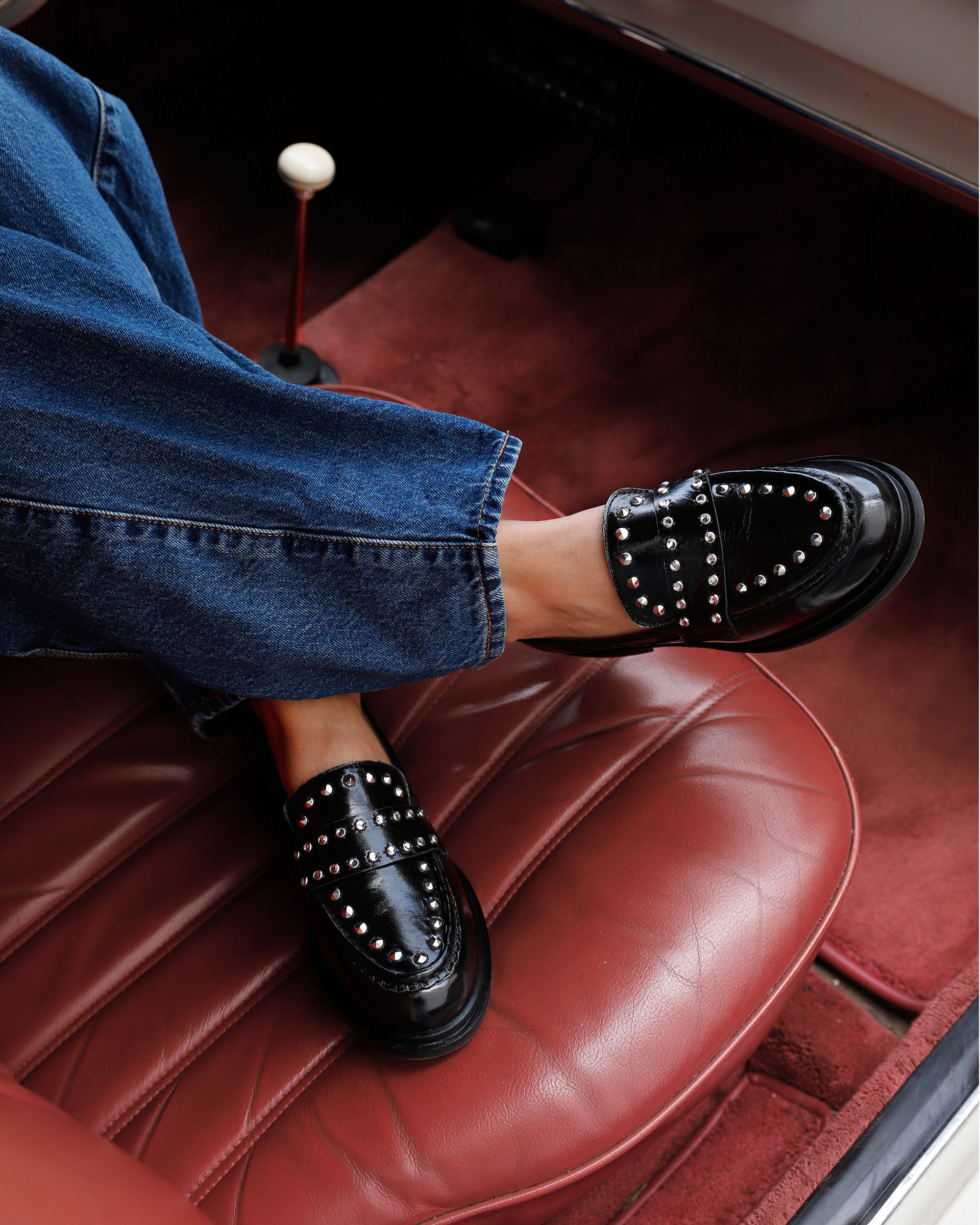 loafers, mocassins, leer, riemenbandjes, spikes