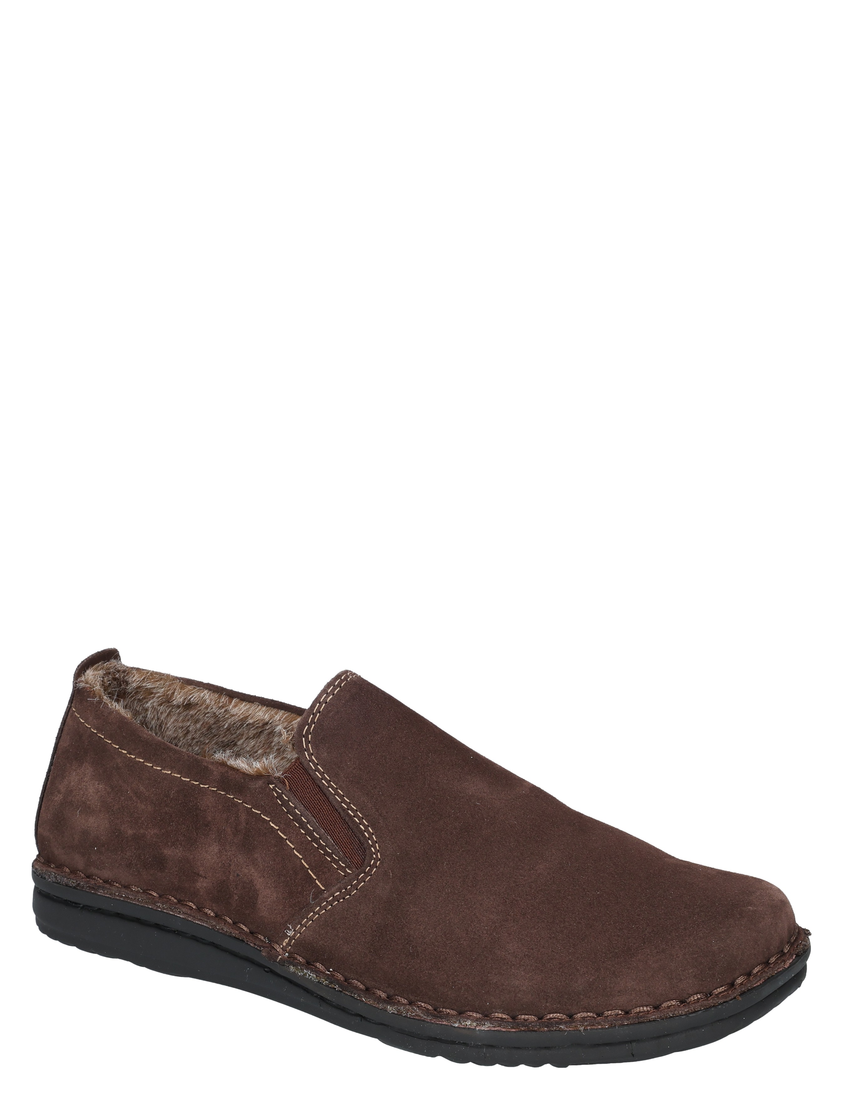 slipper, mocassin, bruine suède, vachtvoering, rubberen zool