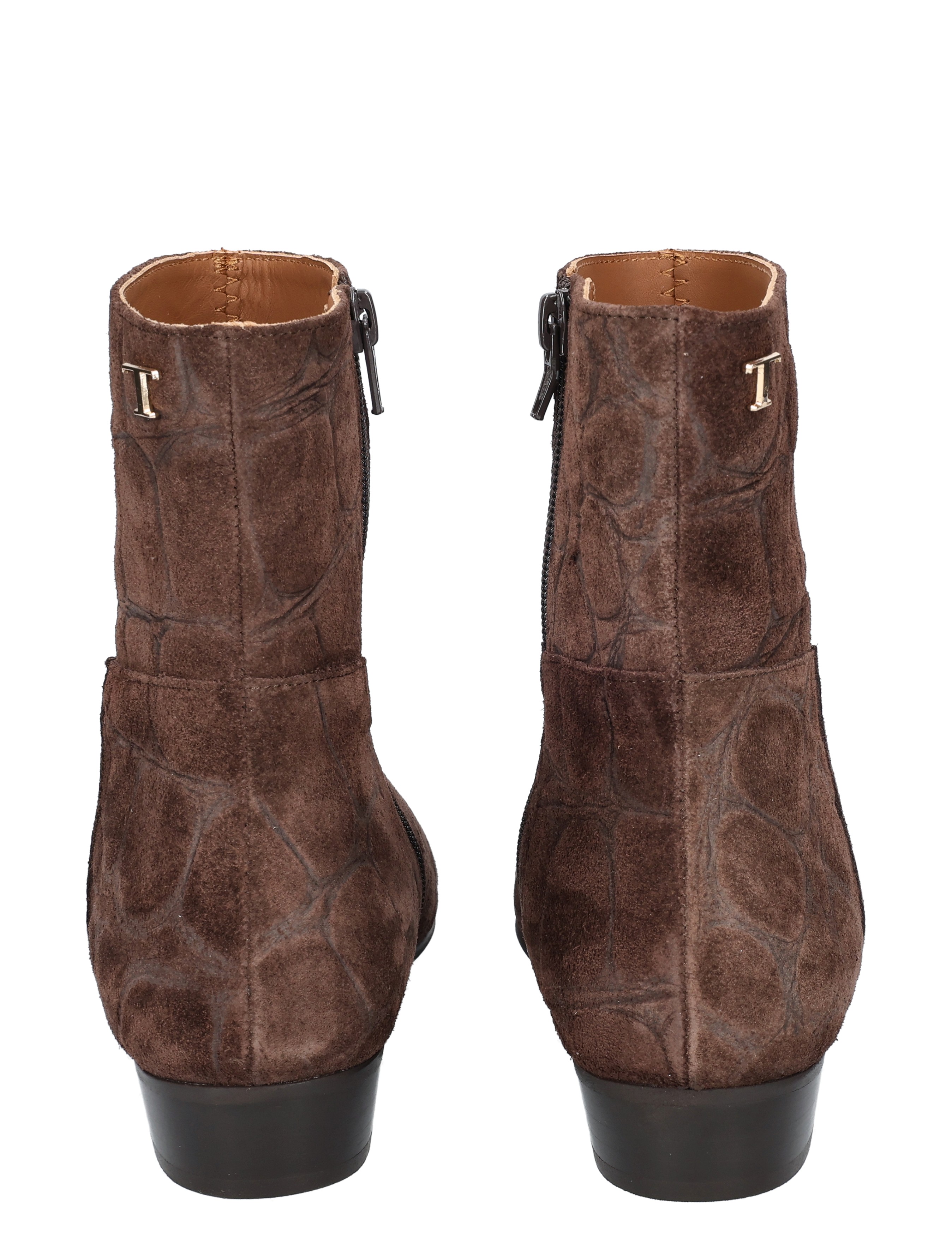 ankle boots, bruine suède, krokodillenpatroon, rits, blokhak