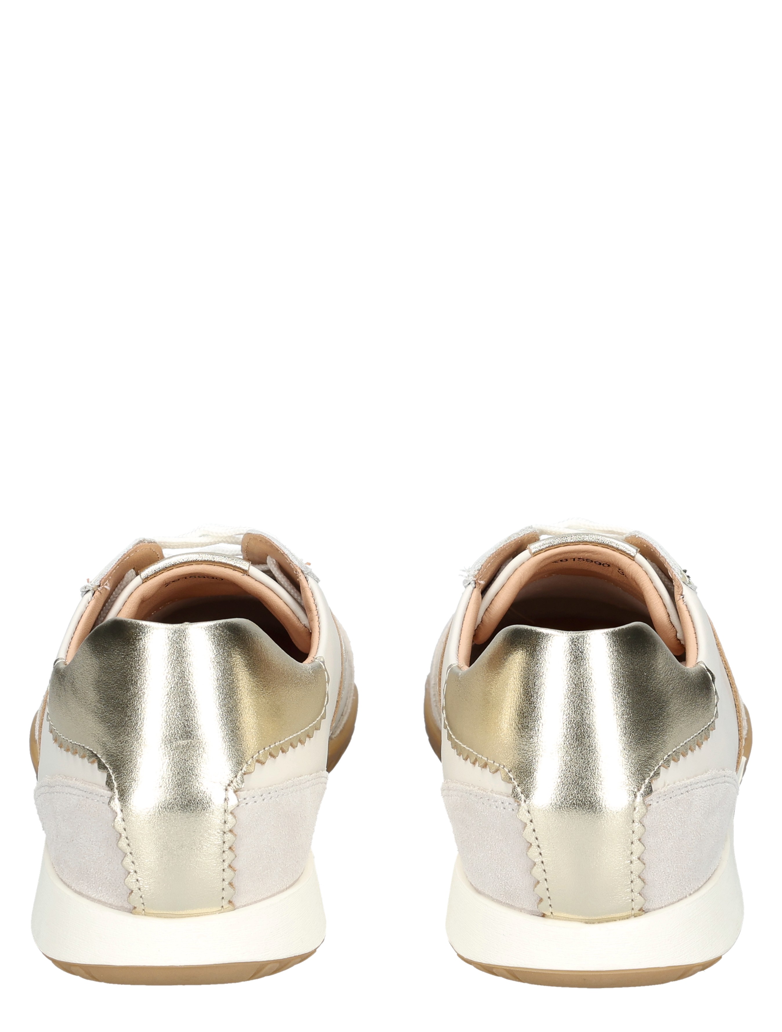 dames sneaker, zilver metallic, leren accenten, witte zool, achterkant/terugzitting