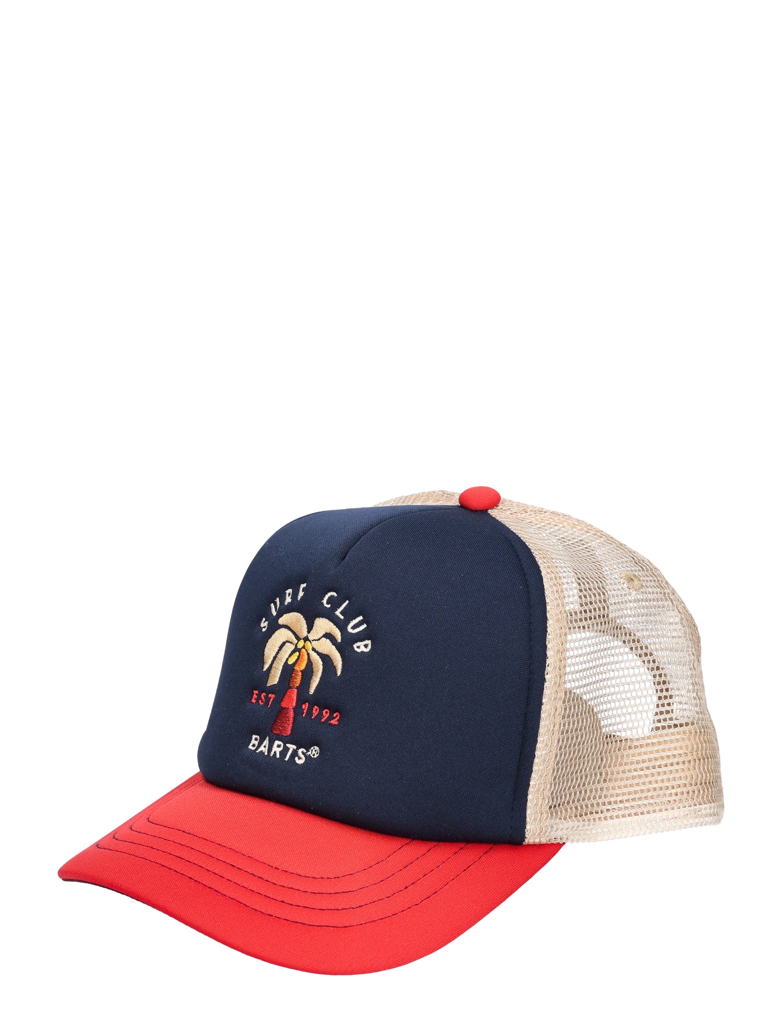 cap, truckershape, navy-panel, red-brim, embroidered-palm
