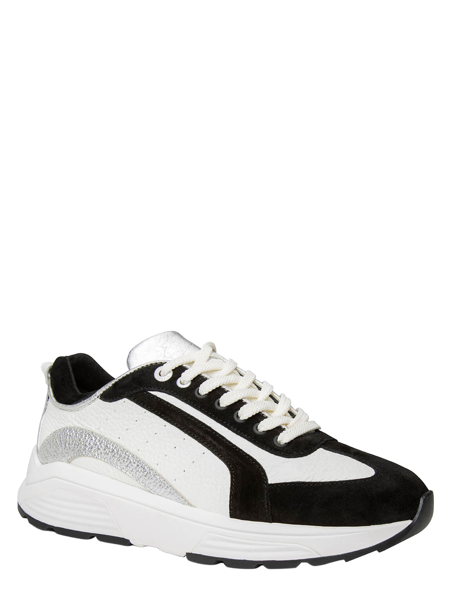 sneaker, witte schoen, leder combinatie, zilver accent, gebreide zool