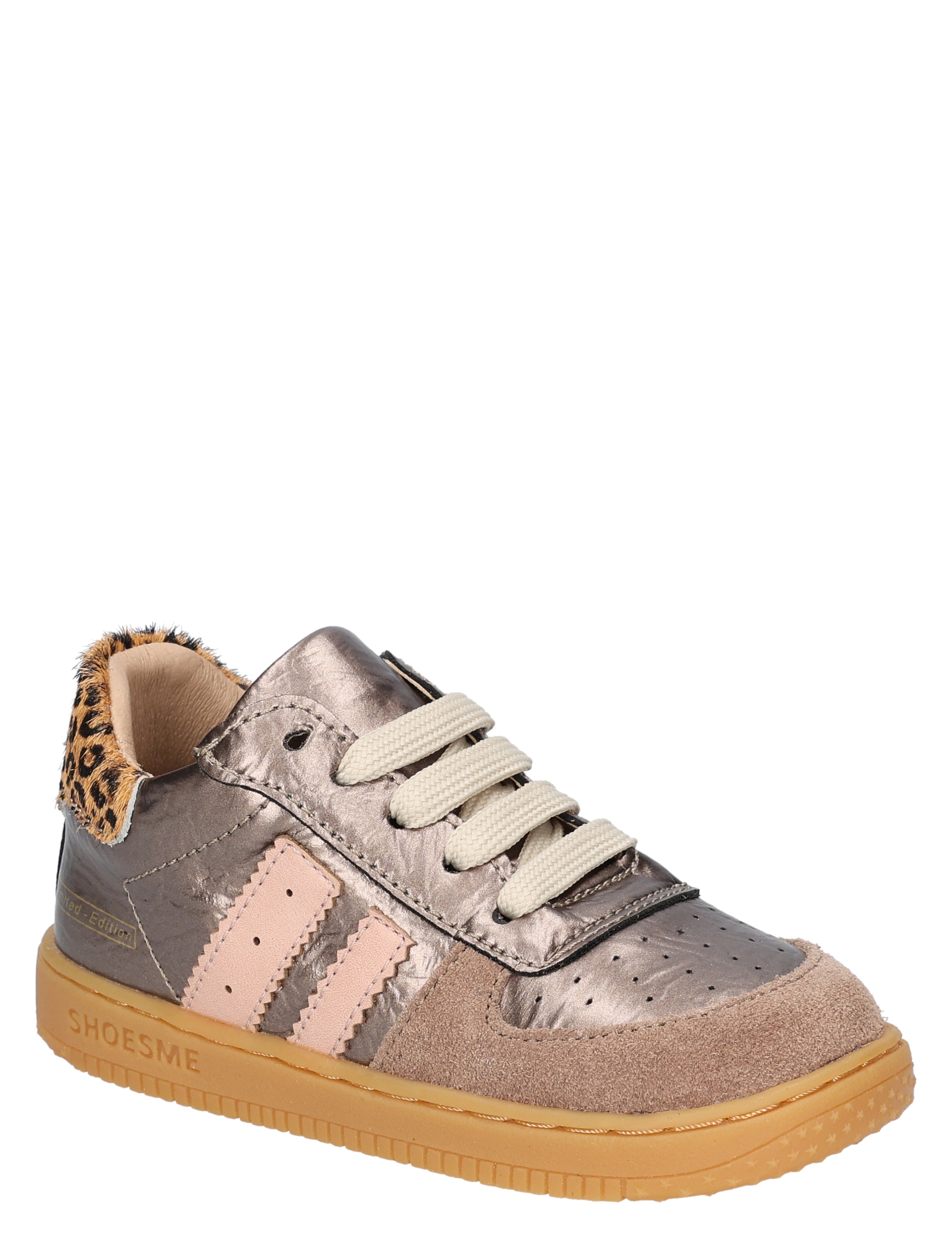 sneaker, kinderschoen, lichte metallic, vijf veters, leopard accenten, luxe details, lederlook, gumkleur suède