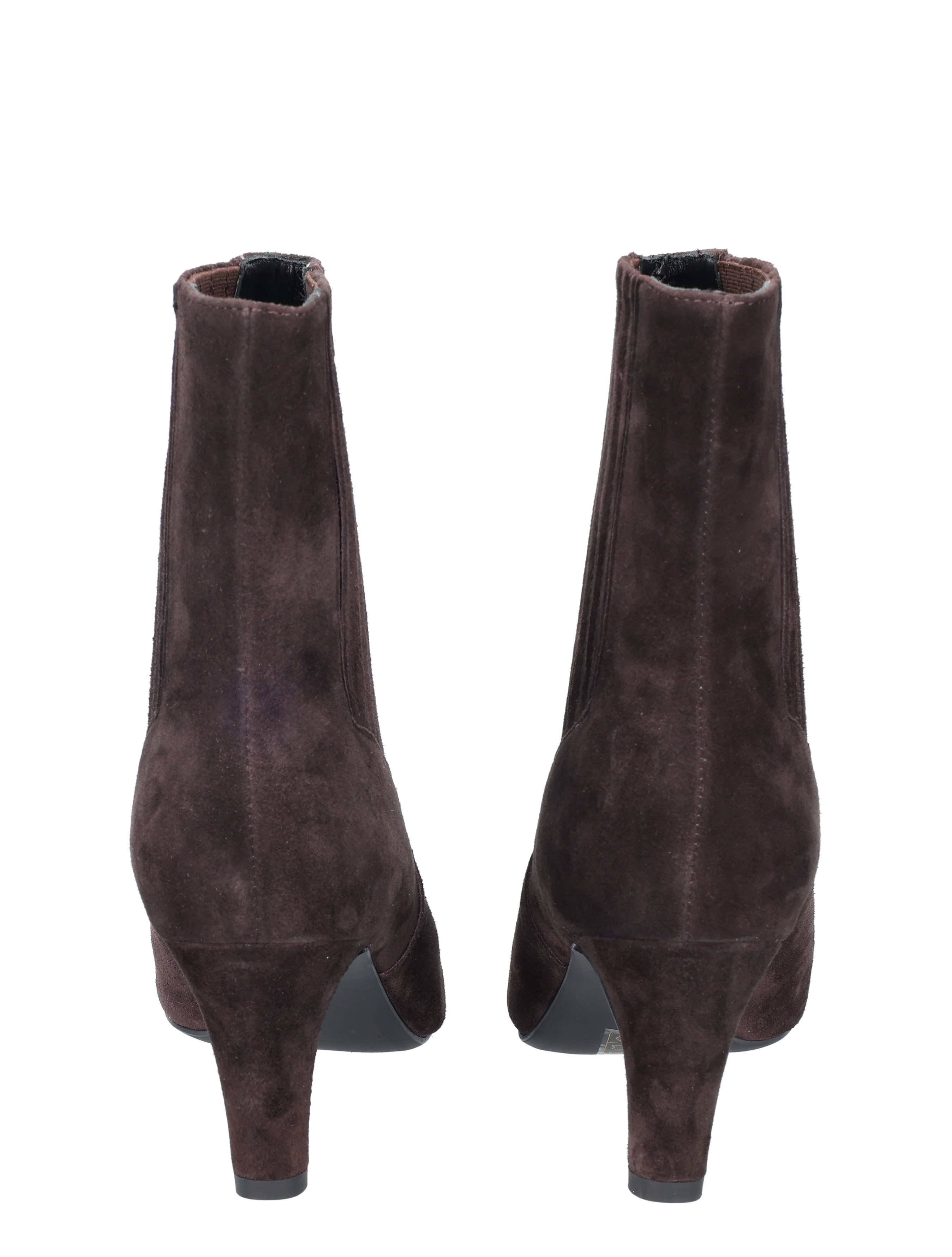 enkellaarsjes, bruine suède, middenhoge hak, achterkant gezien, zonder zichtbare ritssluiting, ankle boots, brown suede, mid heel, stiletto, back view, ankle boots, suede, brown, stiletto heel, rear view not needed