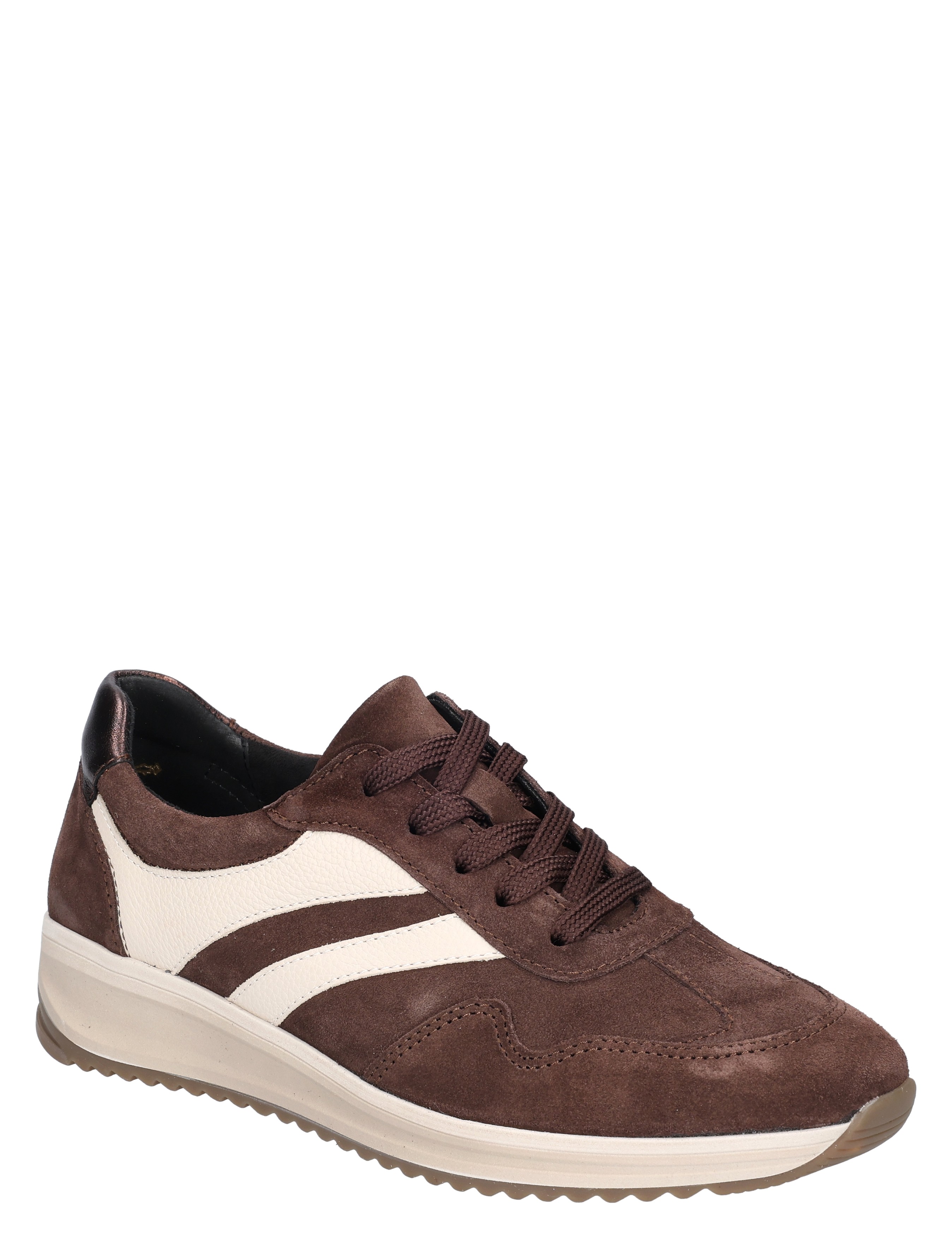 sneaker, donkerbruin, suède, witte accenten, schoenmodel