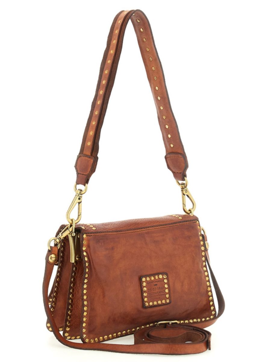 leren tas, bruin, rivierende studs, crossbody, messing hardware