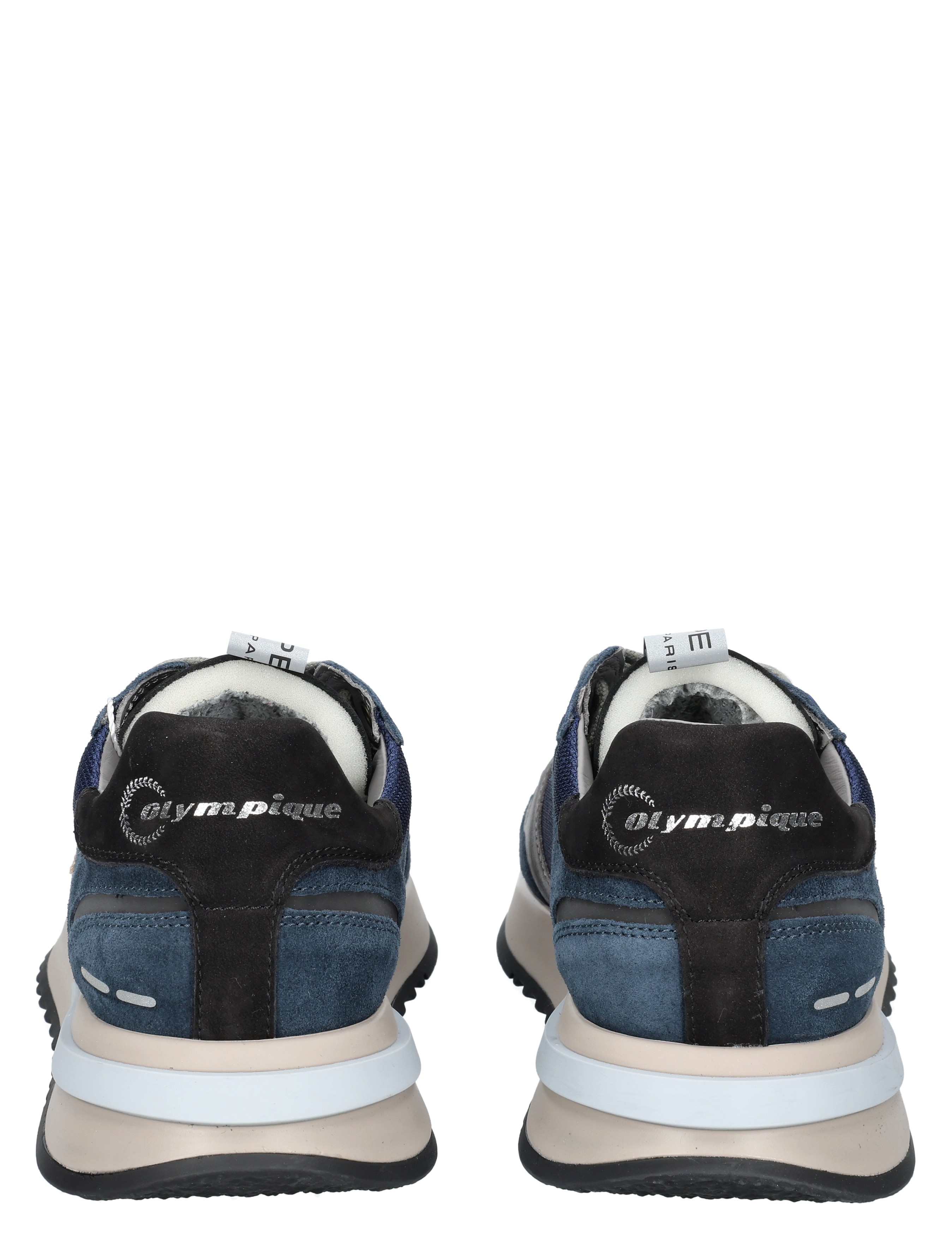 sneakers, athletic shoe, blue, suede, back view