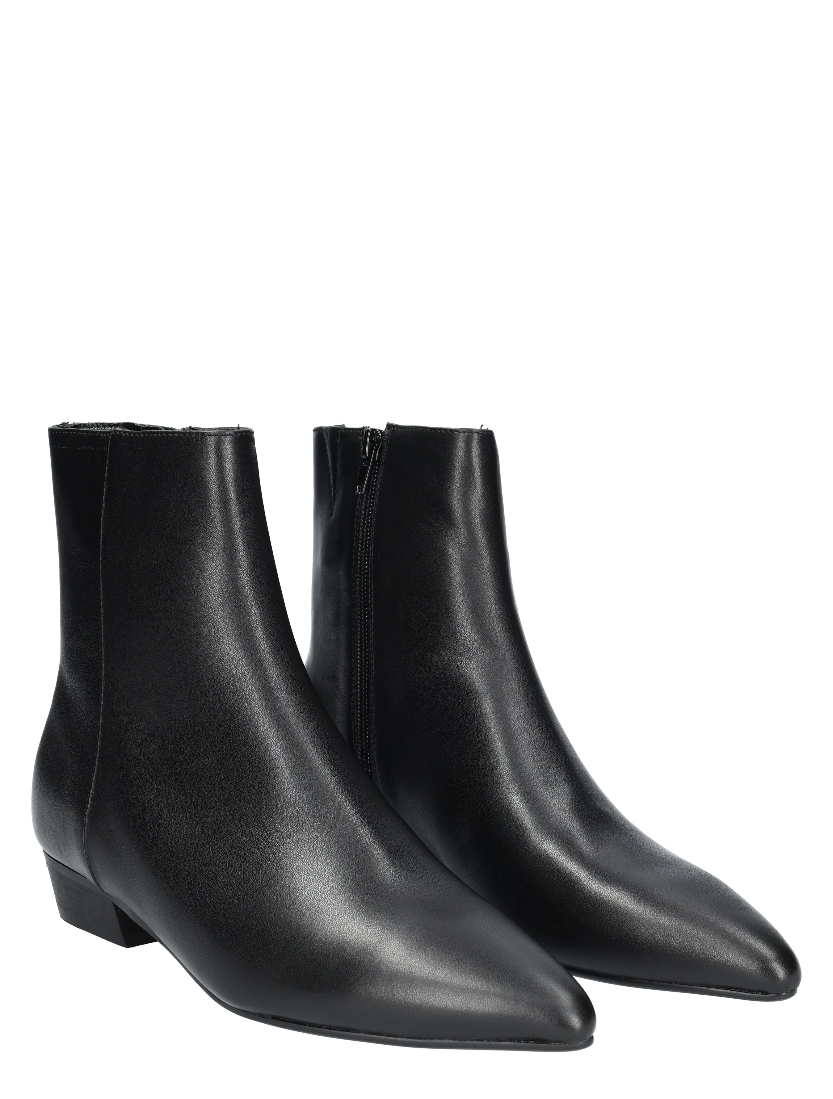 ankle boots, zwarte leer, rits, puntig teen, lage hak