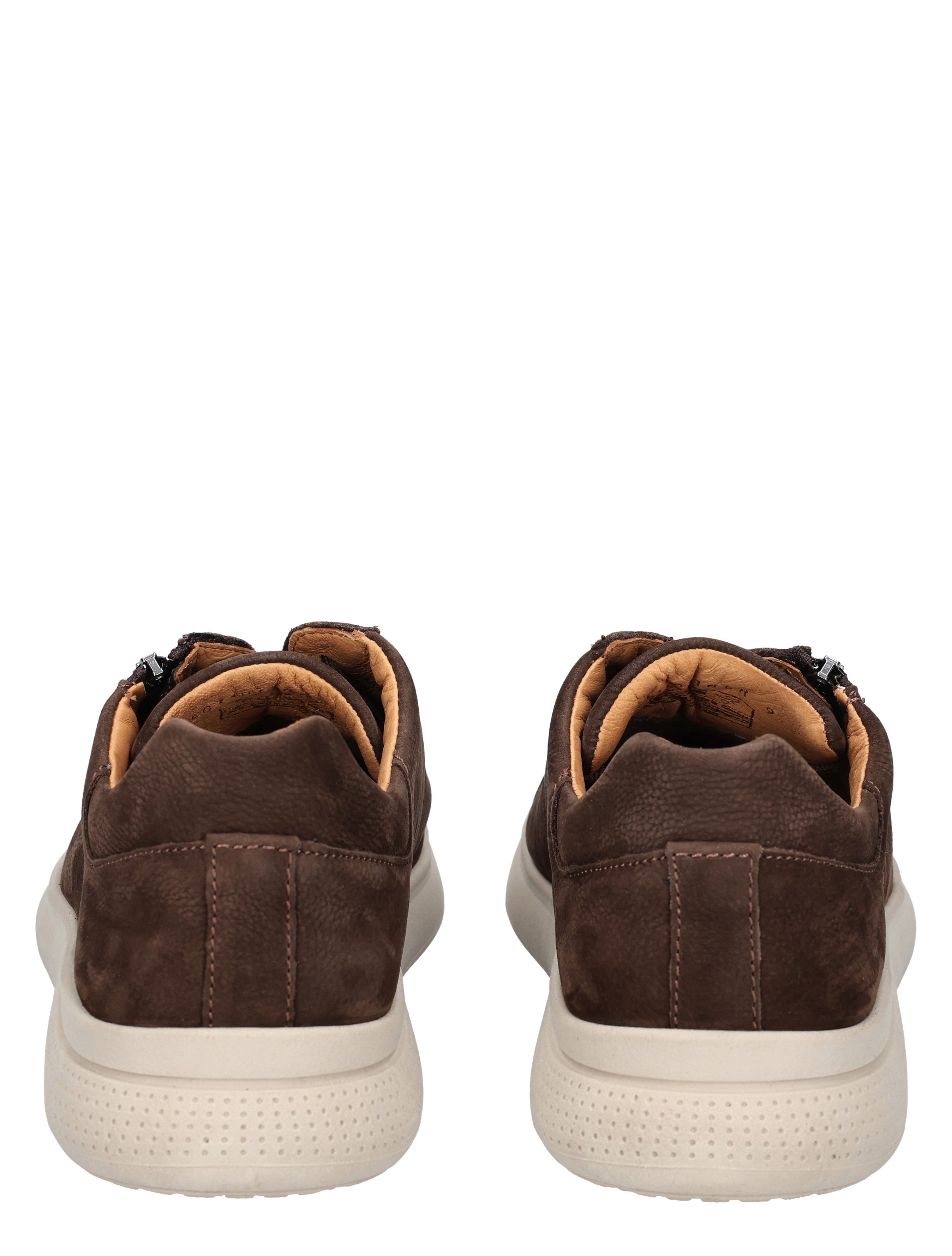 hoge schoenen, bruine sneaker, leren buitenkant, witte zool, achterkant