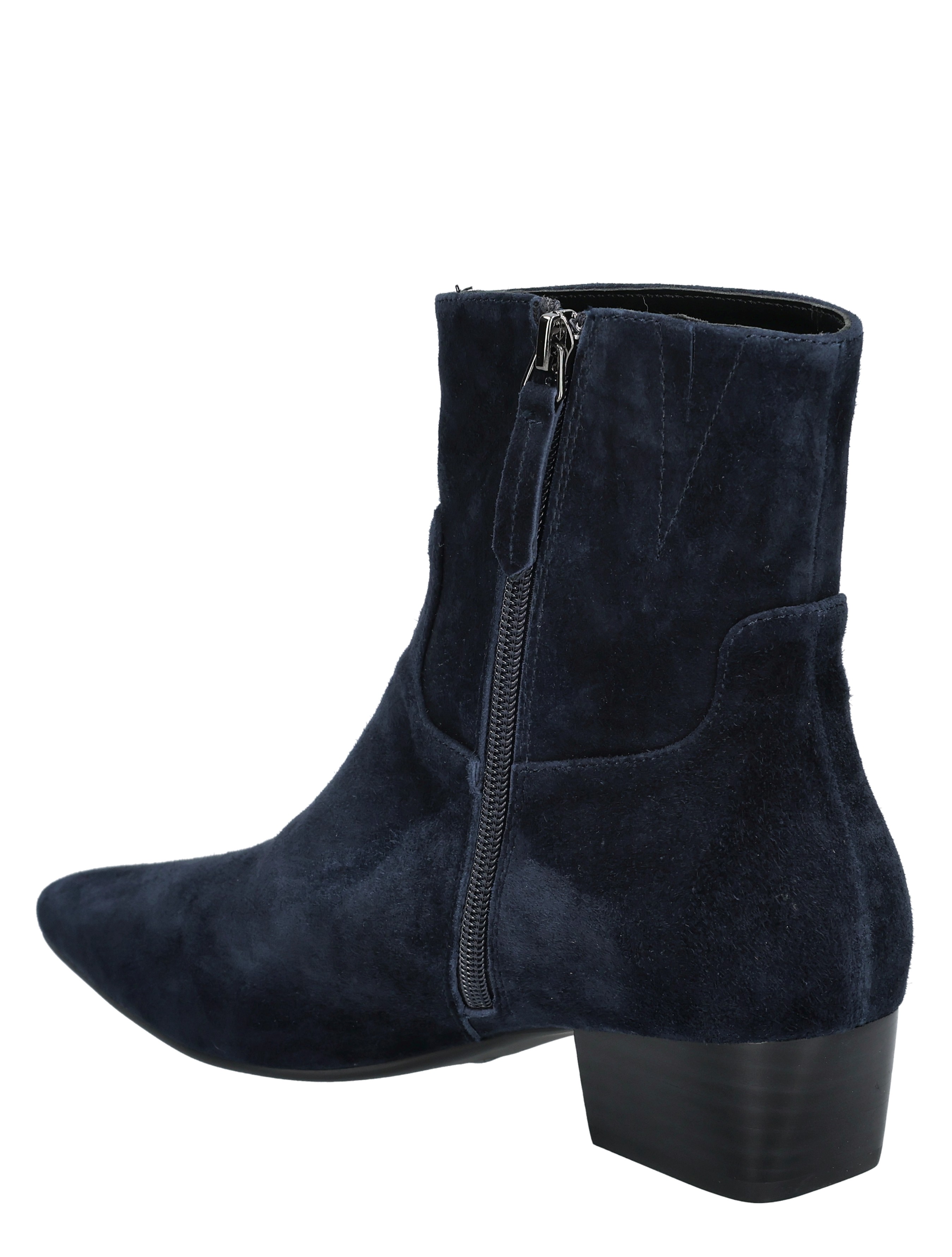 ankle boot, suede, zip, mid heel, navy