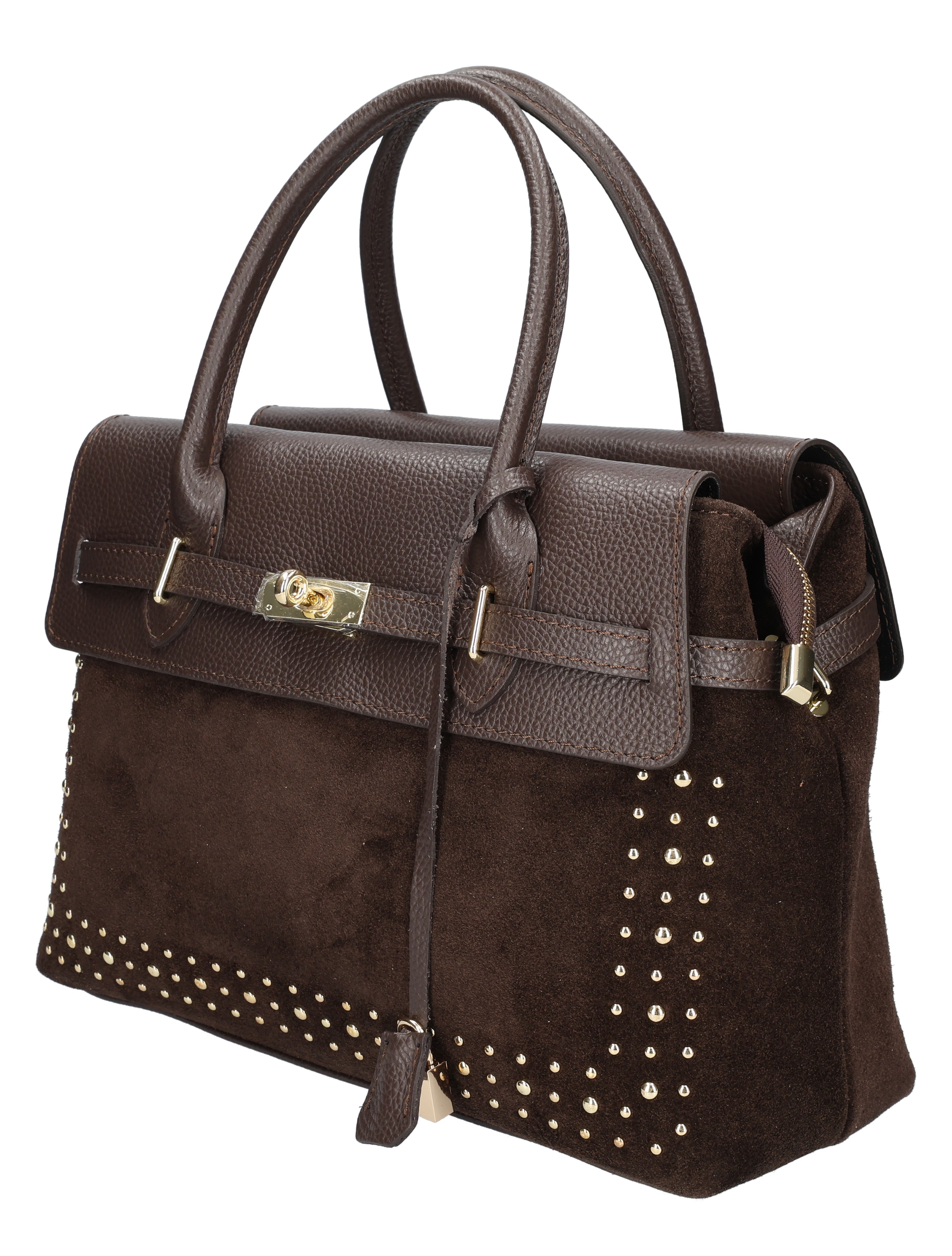 handtas, bruine tas, leer+suede, studs, kristaldetails