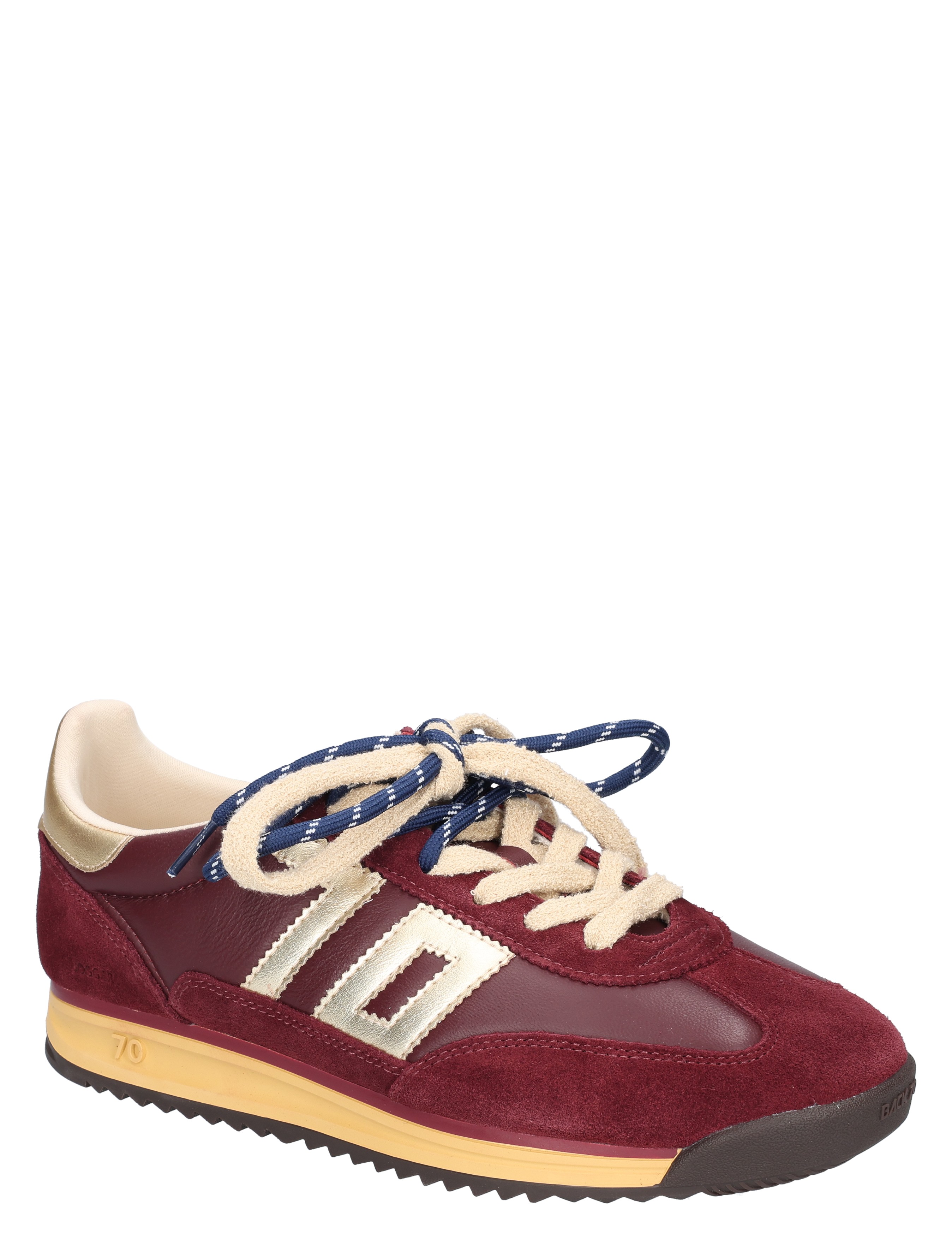 sneaker, rood, suède, witte panelen, veters