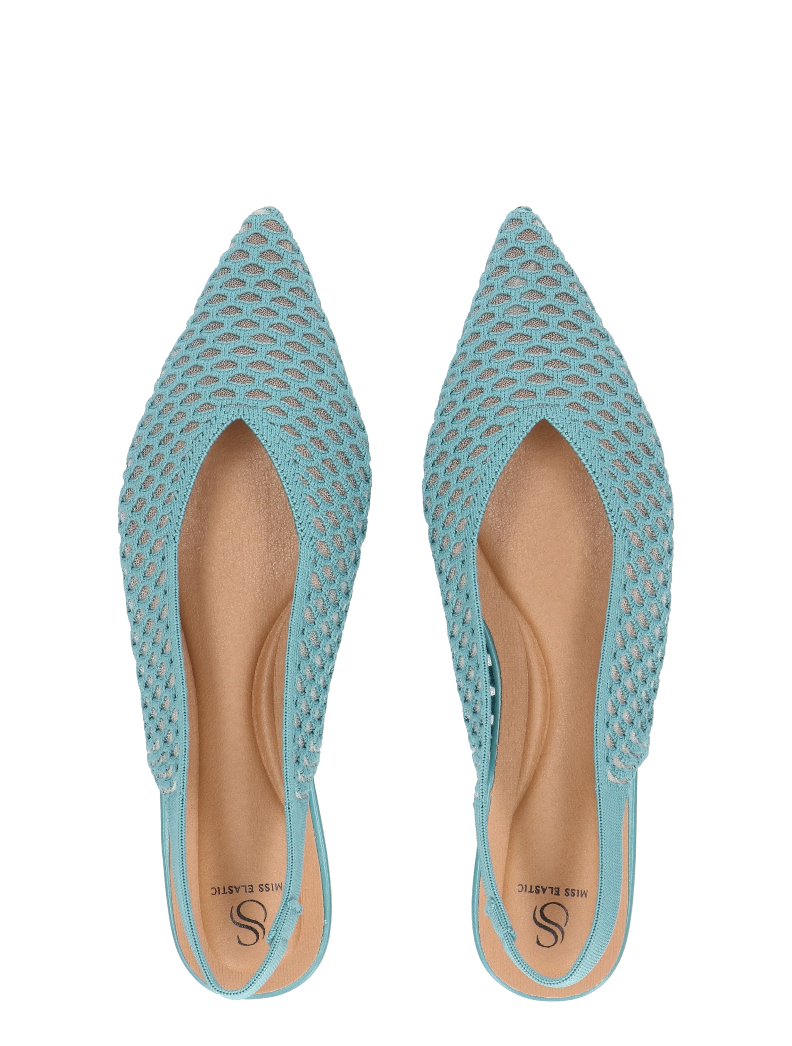 puntige hak, muiltje open, open mesh, turquoise, slipper sneakers