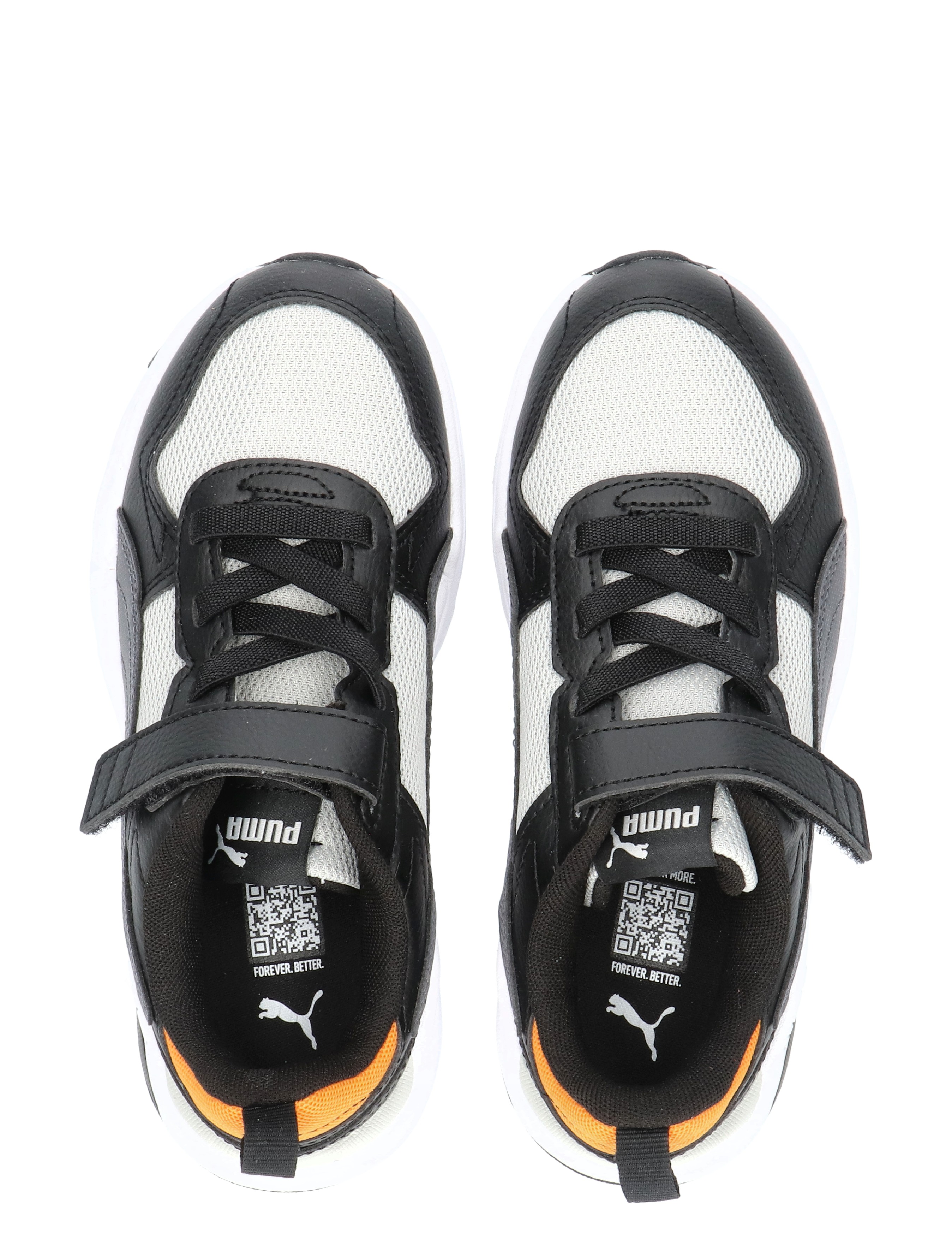 sneakers, gym shoes, zwart, wit, velcro band, mesh stof, gewatteerd, kinderen, puma, veters
