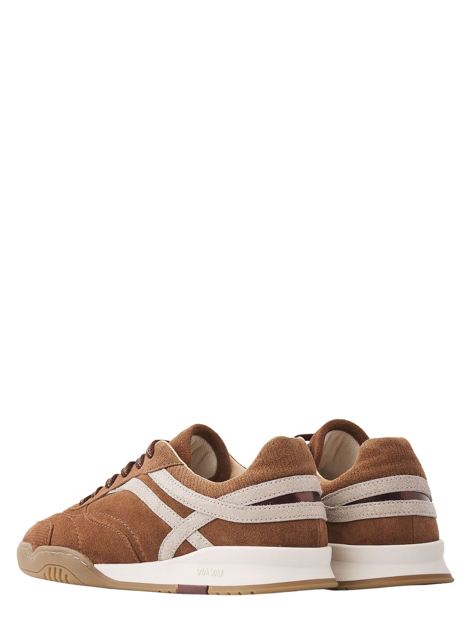 sneakers, bruine, suede, witte strepen, trainingschoen