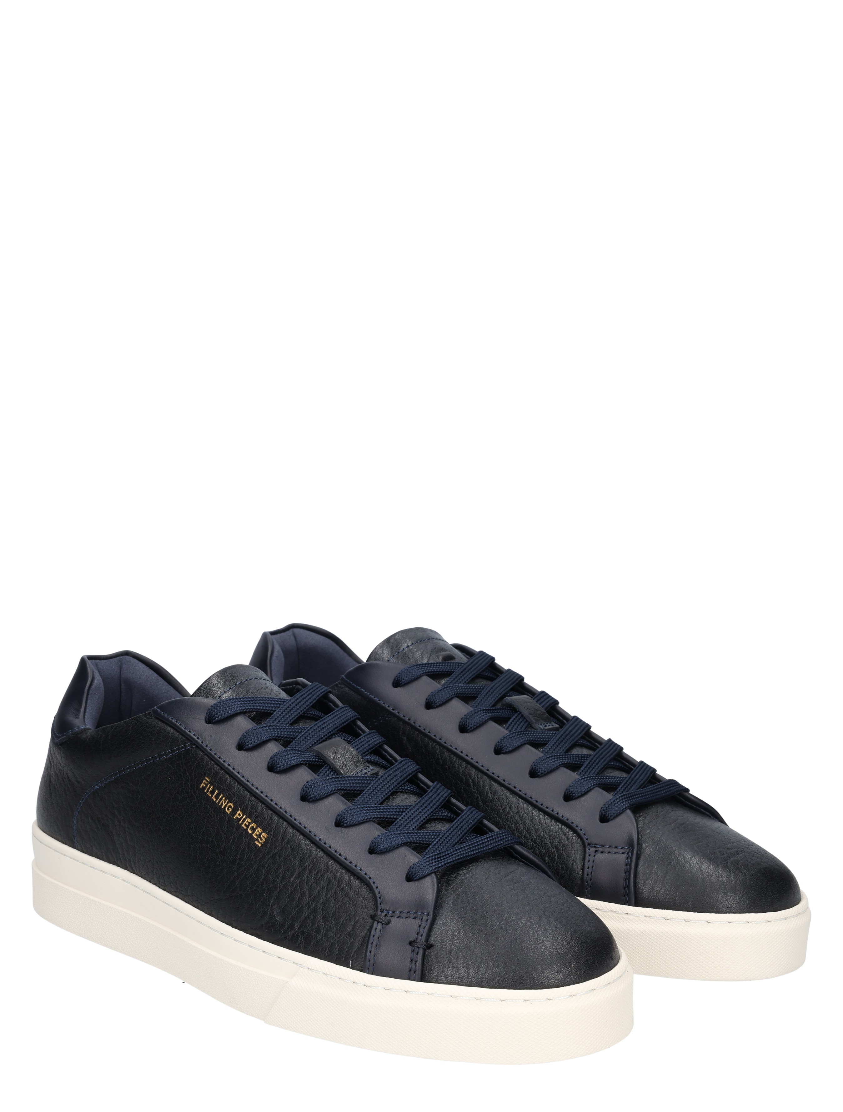 sneakers, donkerblauw, leer, veters, witte zool