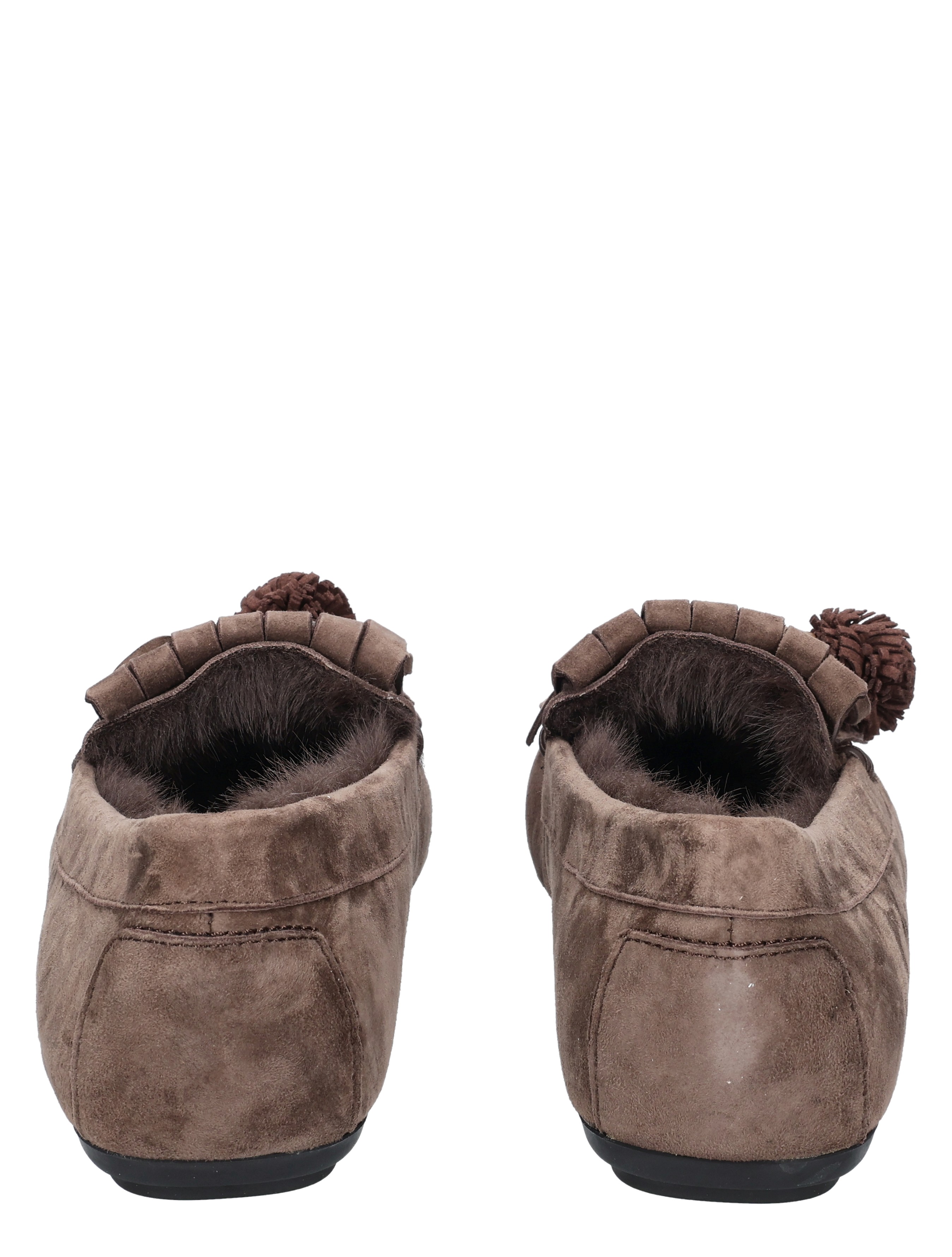 slippers, moccasins, brown, fleece-lined, pom-pom