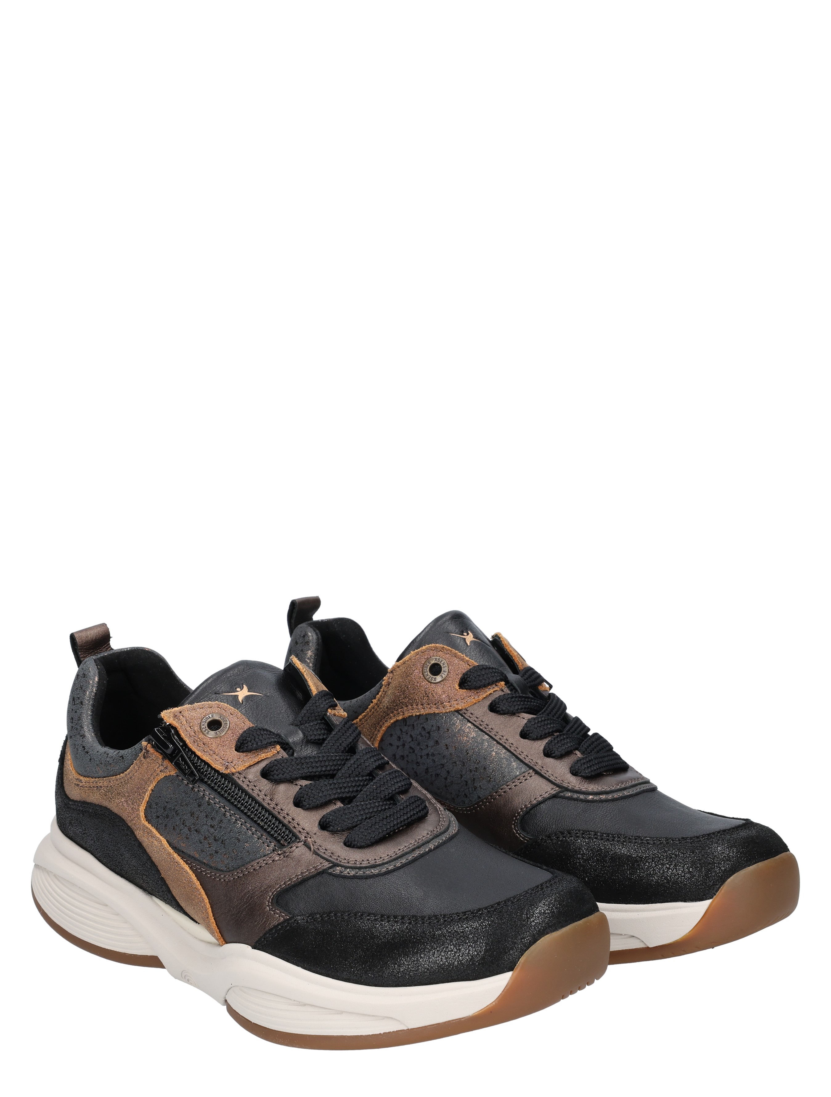 sneakers, hoge sole, donker leer, zwarte stof, veters