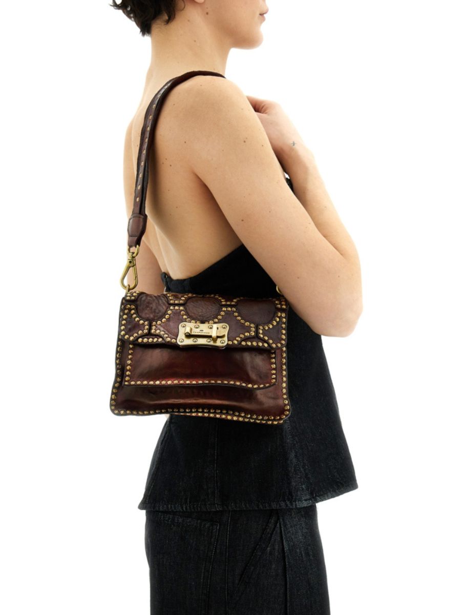handtas, schoudertas, leren tas, spikes, bruin