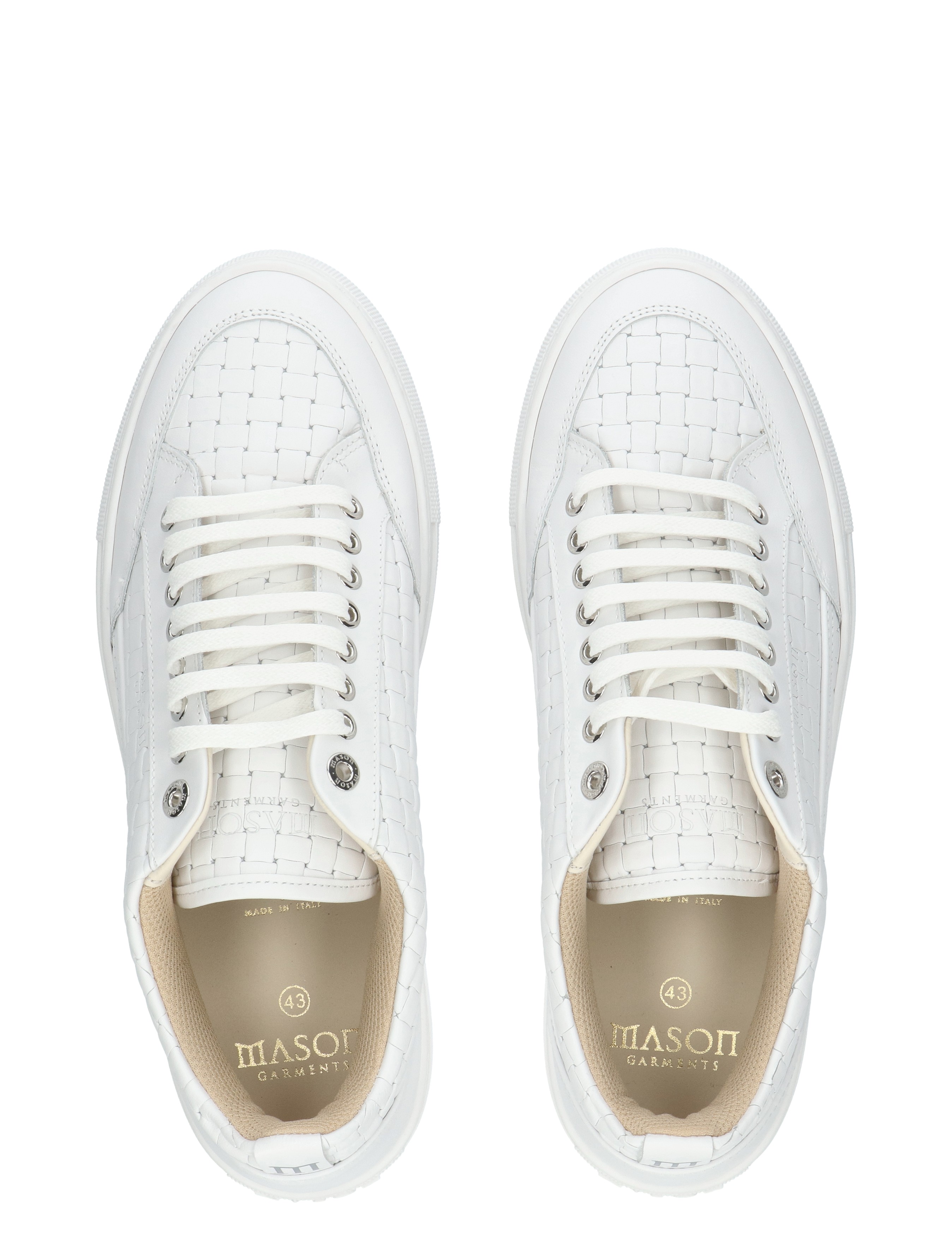 white, sneakers, woven pattern, lace-up, round toe