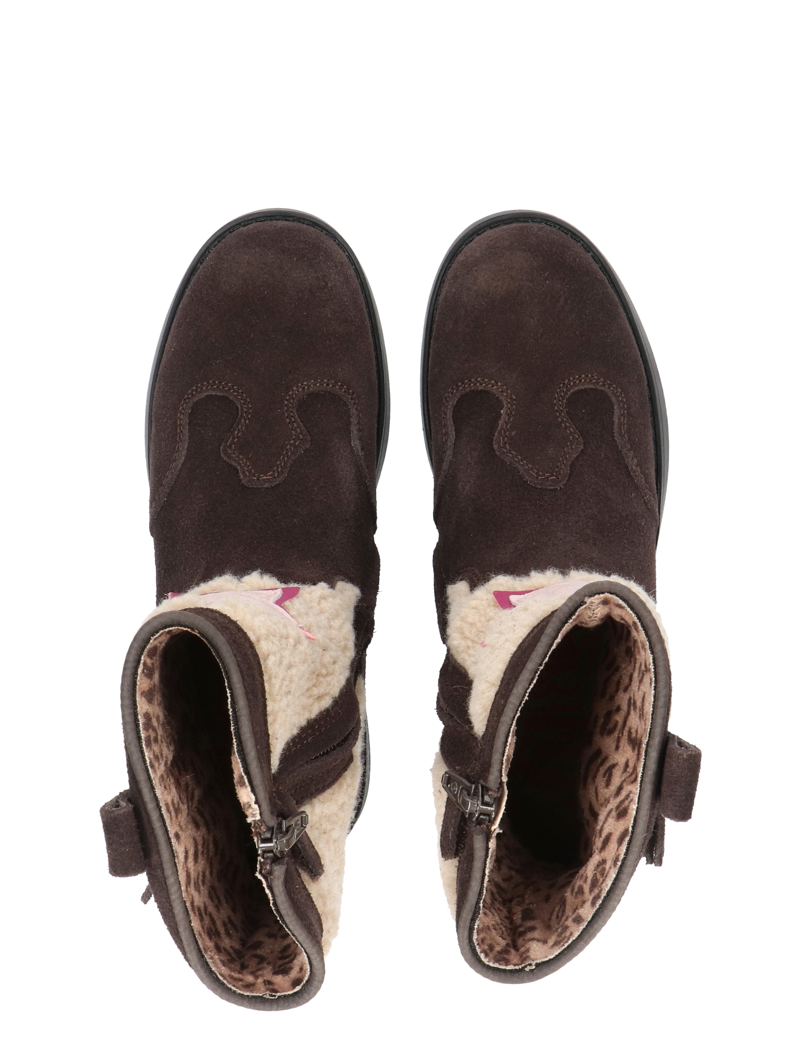 boots, brown, shearling,  leopard_lining, zipper_closure