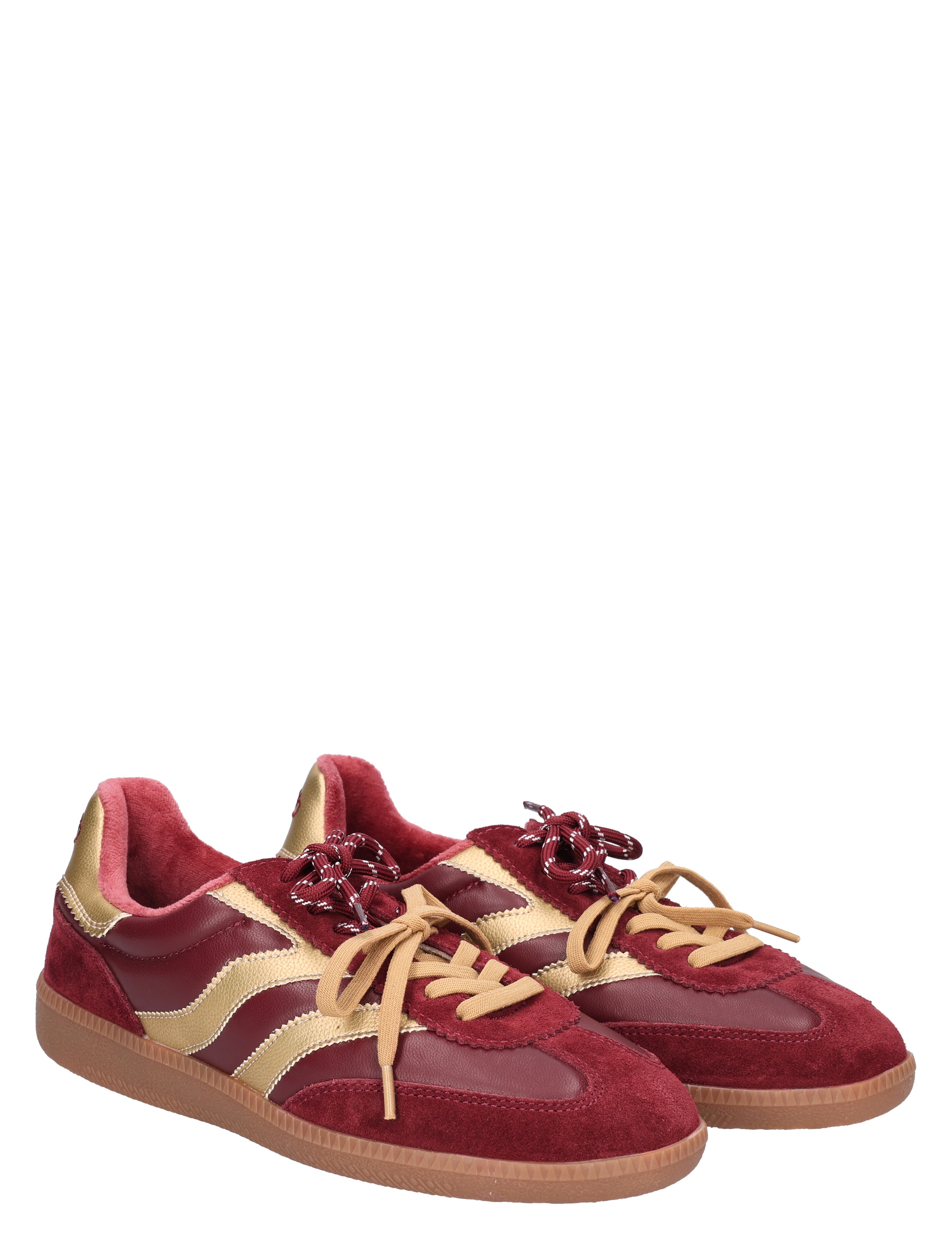 sneakers, burgundy, suede, gouden accenten, gymchoenen