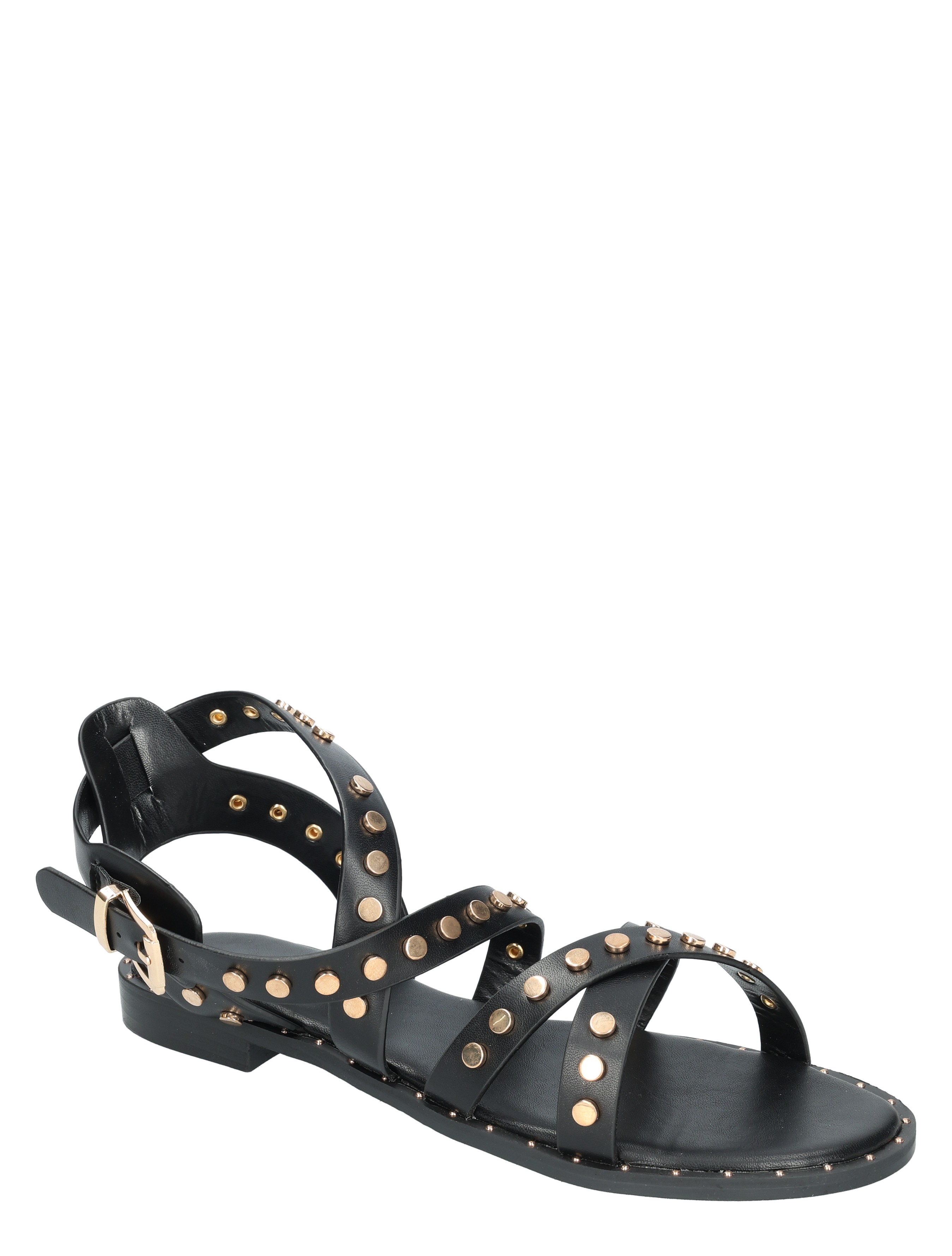 sandals, black sandals, strappy, studs, flat heel