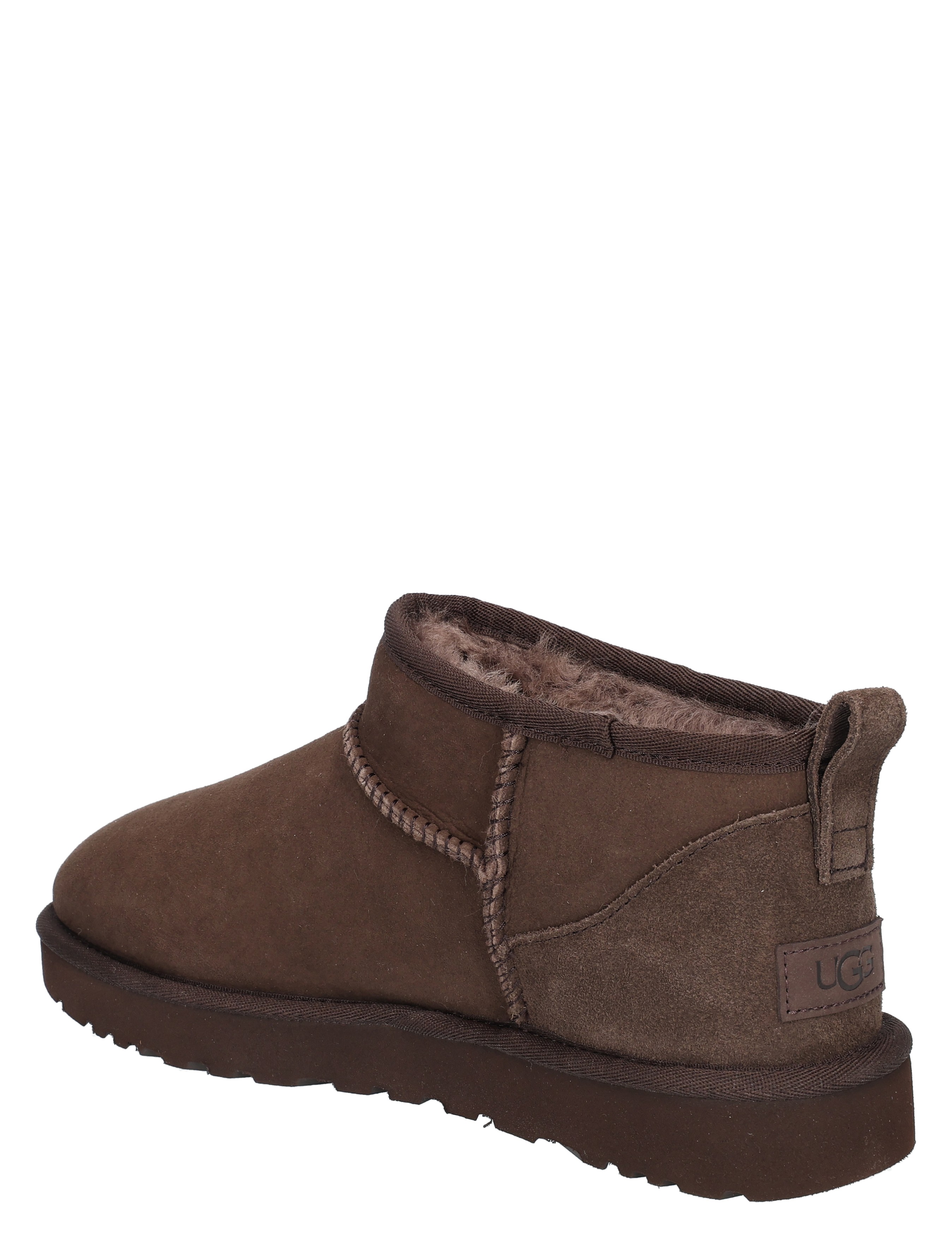 wollen schoen, bruine boot, shearling binnenkant, versalte zool, UGG patch