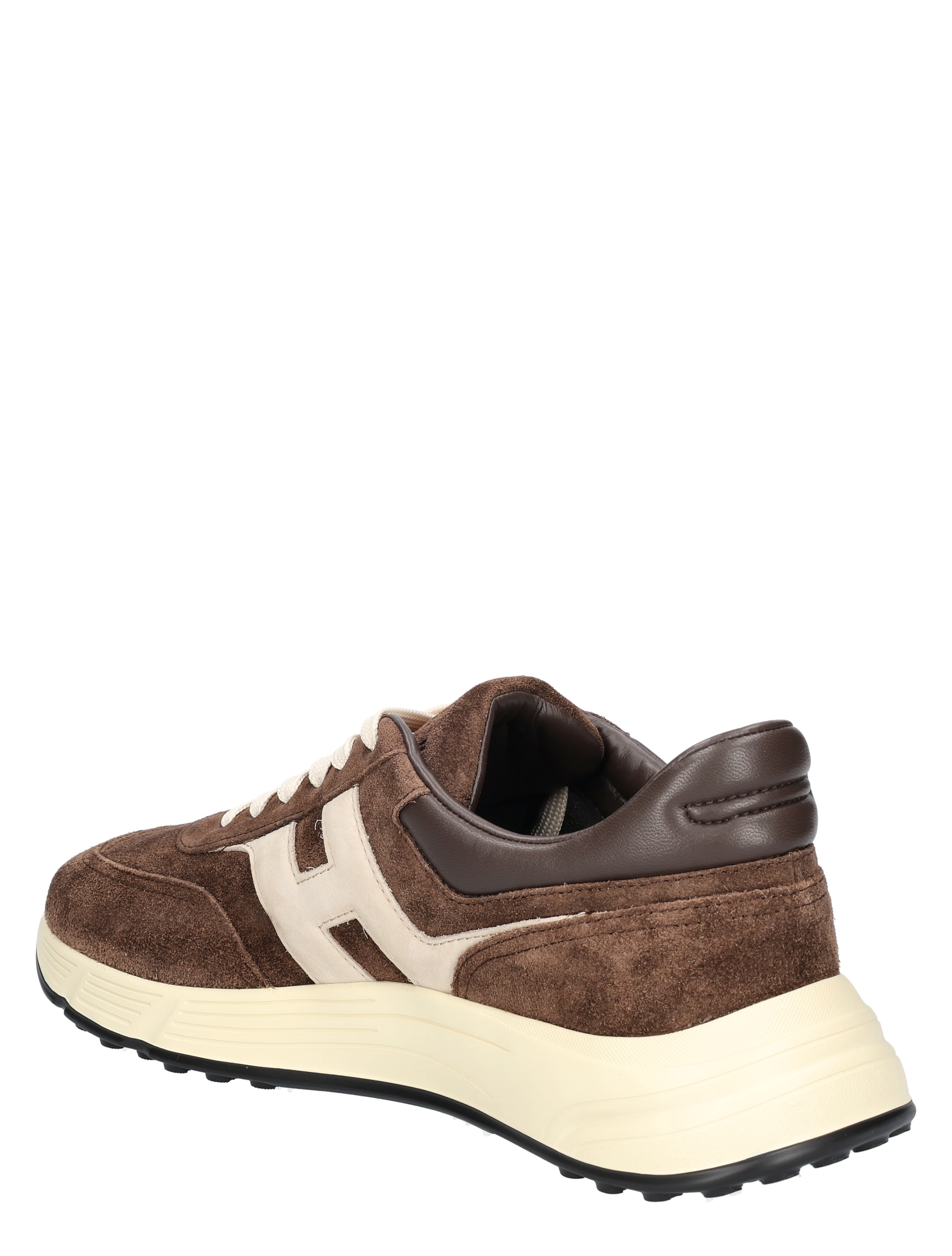 sneaker, bruine soin suede?, sportschoen, witte details, rubberen zool