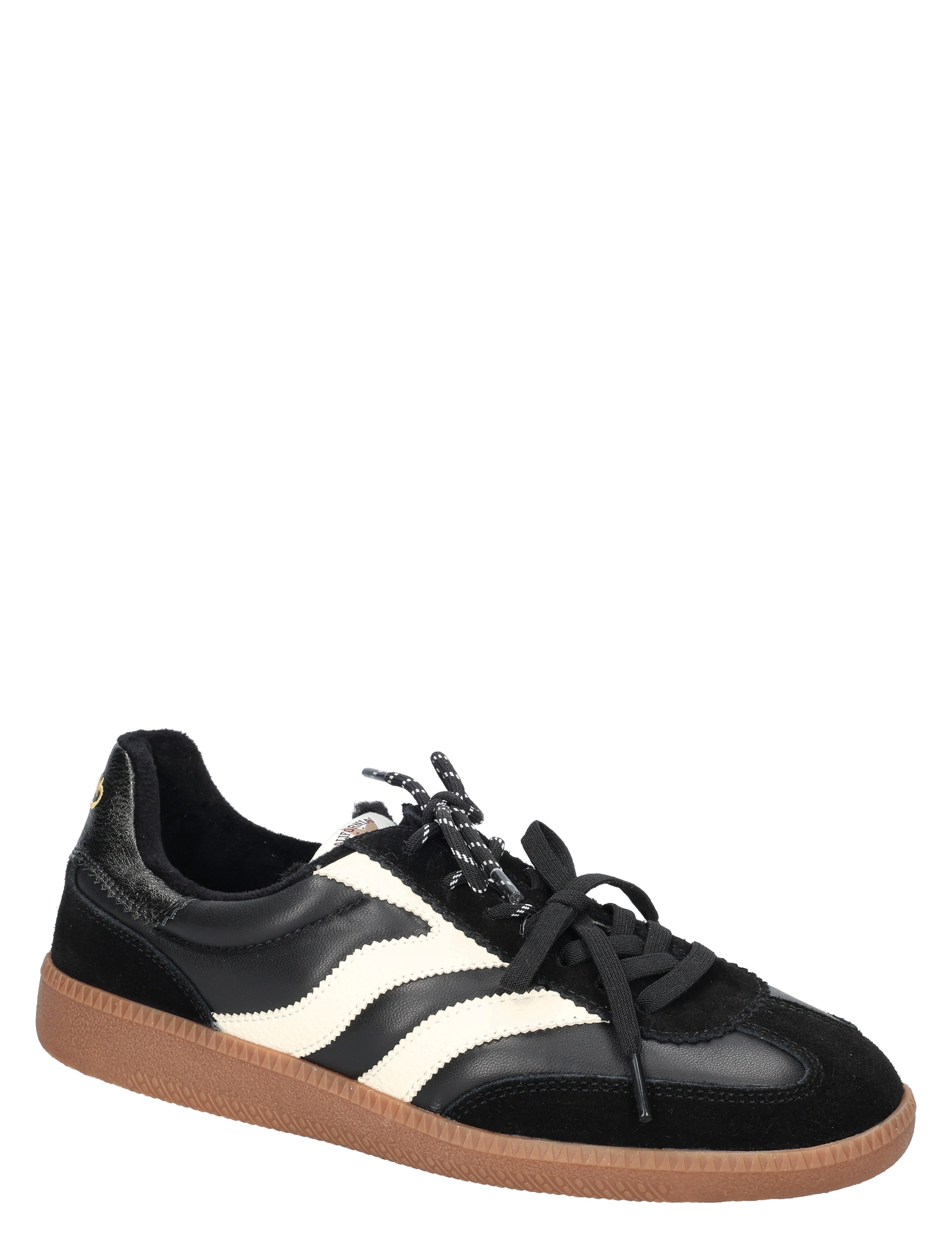sneaker, zwart, gum sole, leer, gestreepte patronen