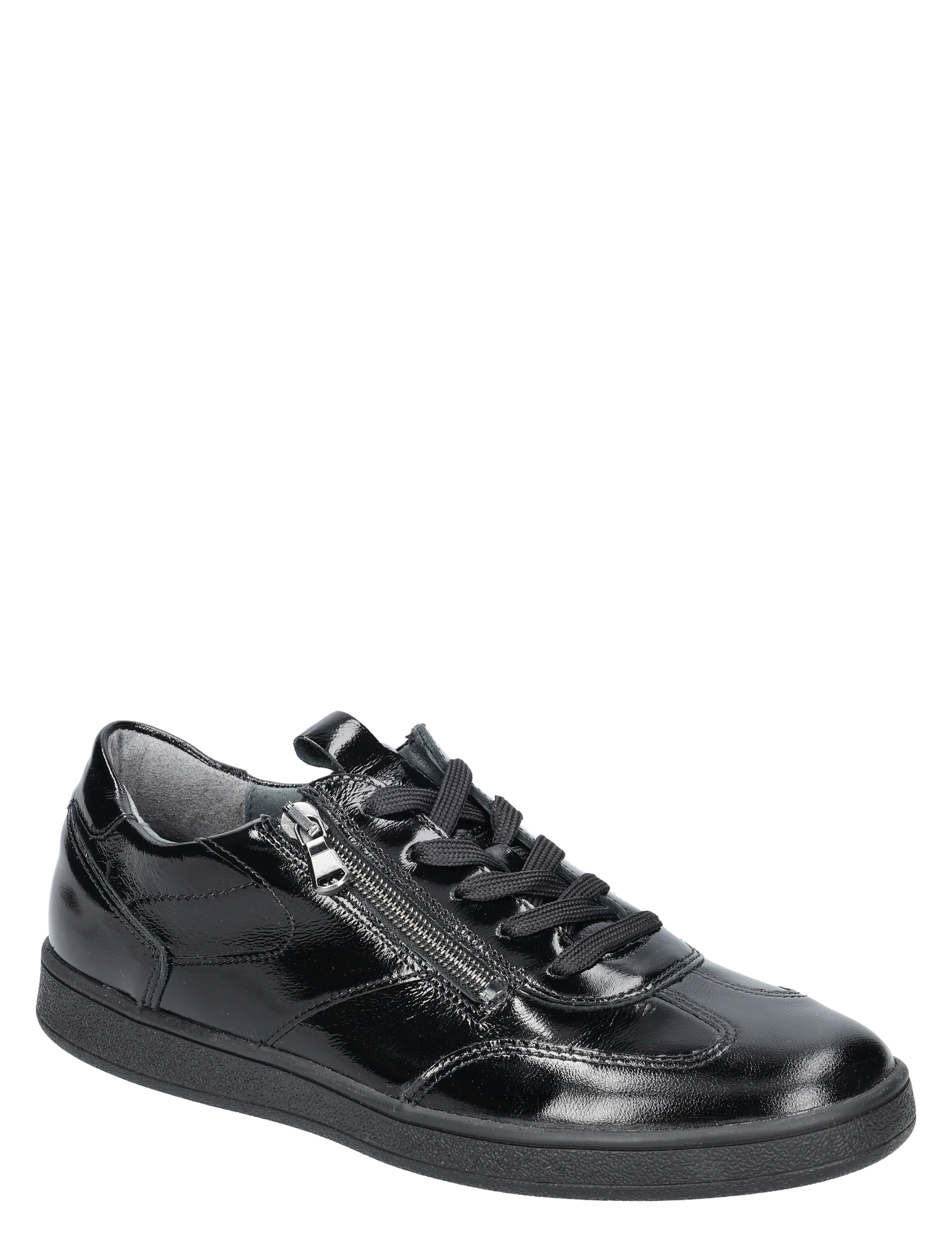 sneaker, zwarte schoen, glanzende stof, veterschoen, rits