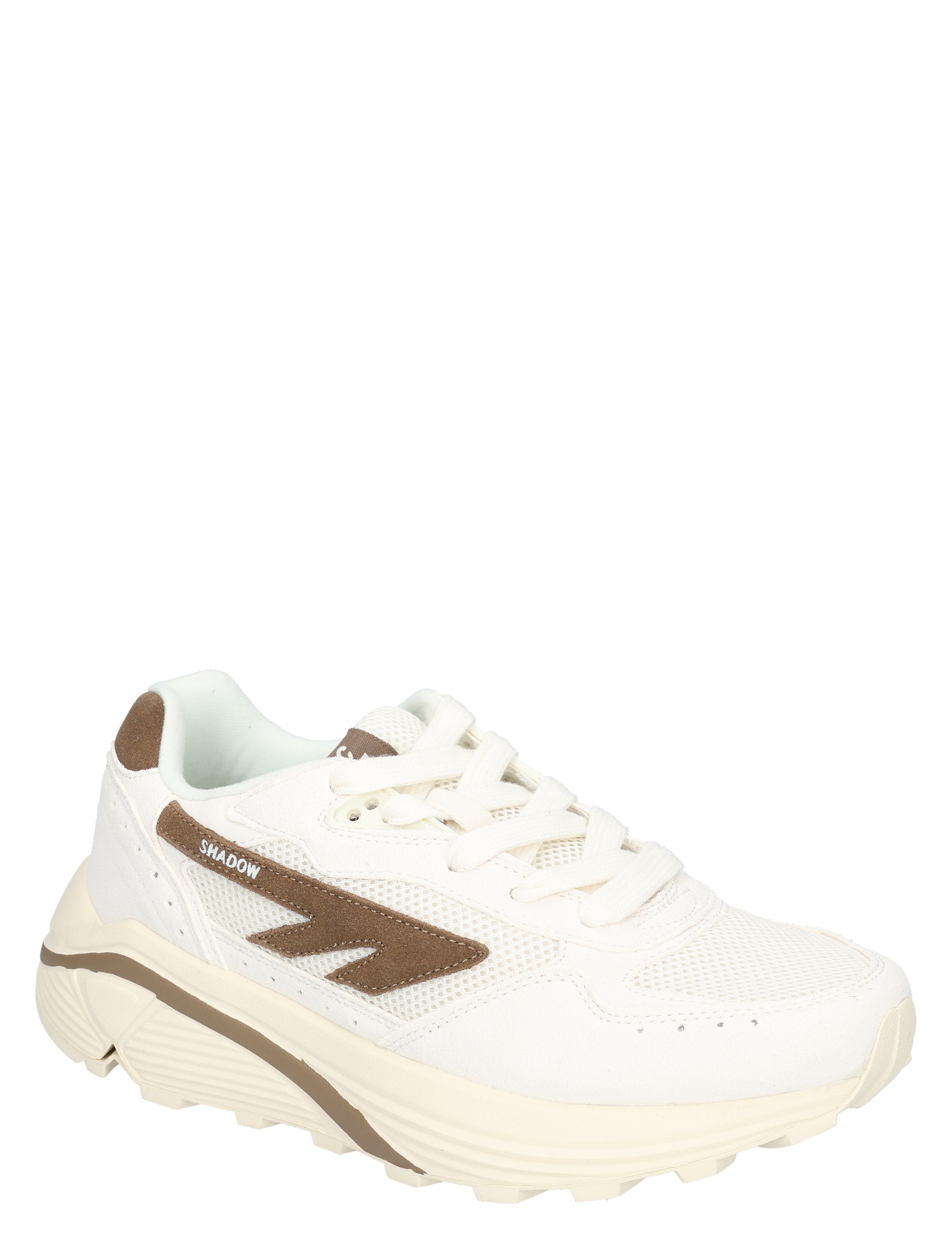 sneaker, wit, mesh, bruine accenten, dikke zool