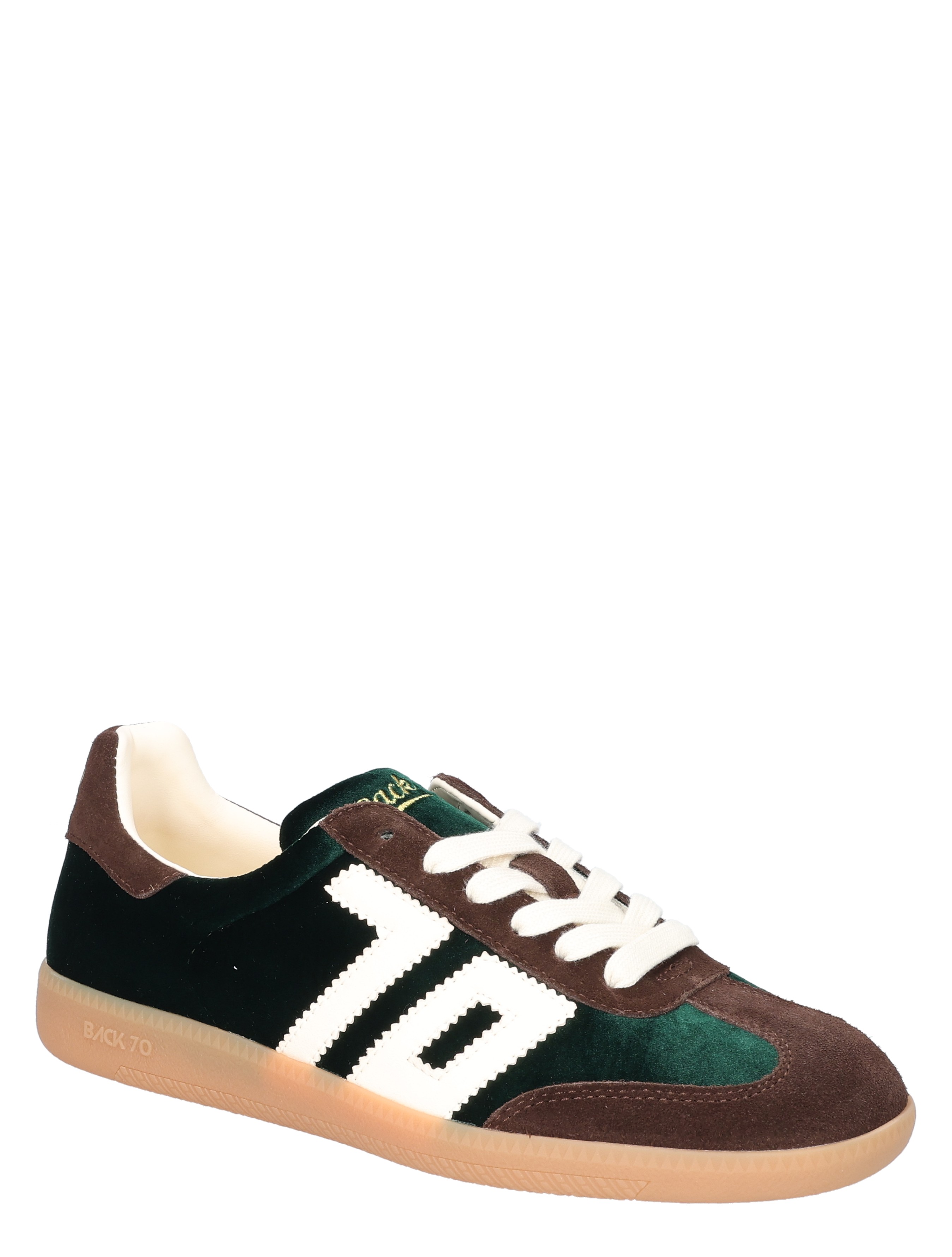 sneaker, sportieve schoen, donker groen, witte letters, gumzool