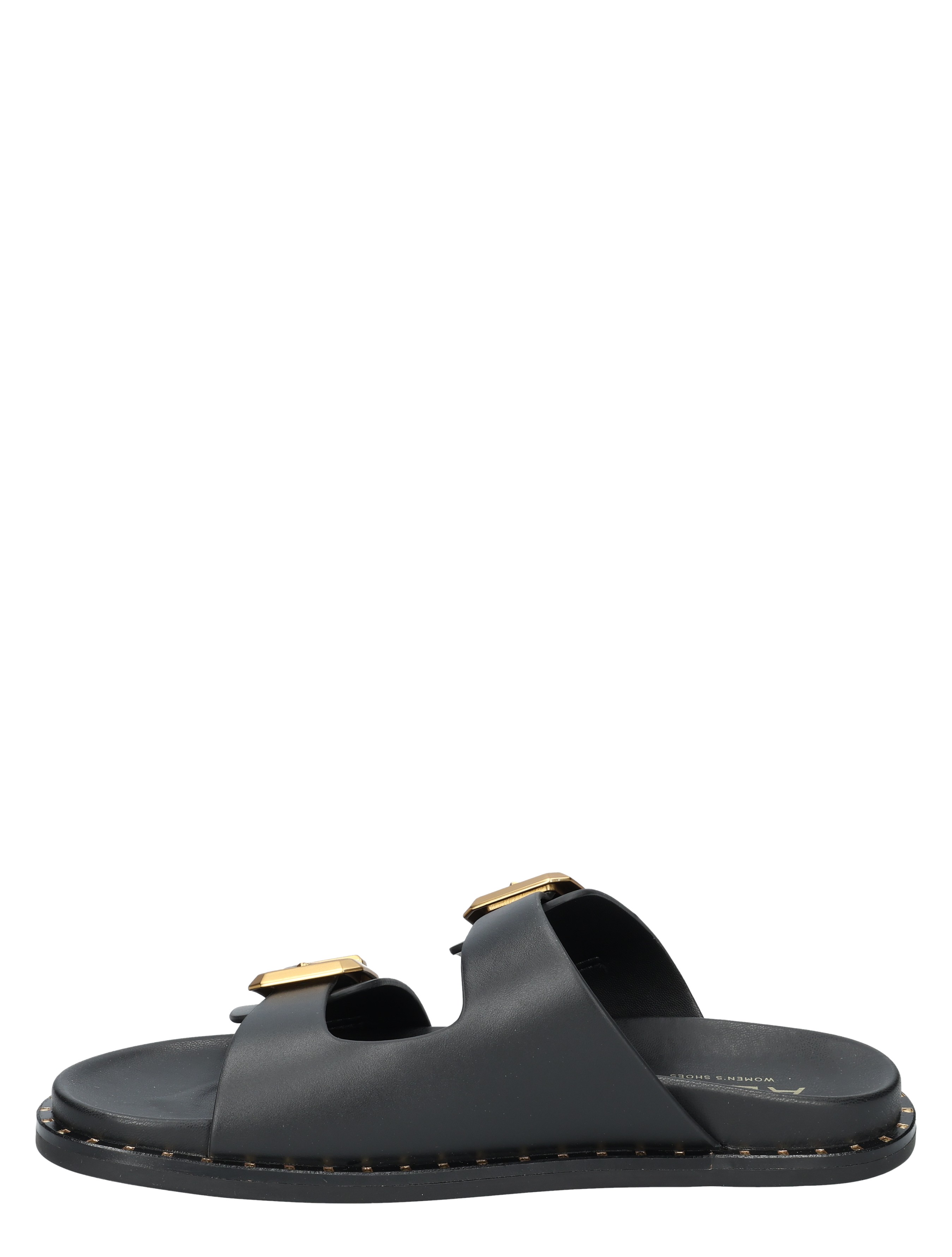 slippers, sandalen, zwarte, dubbelriem, metallic beslag