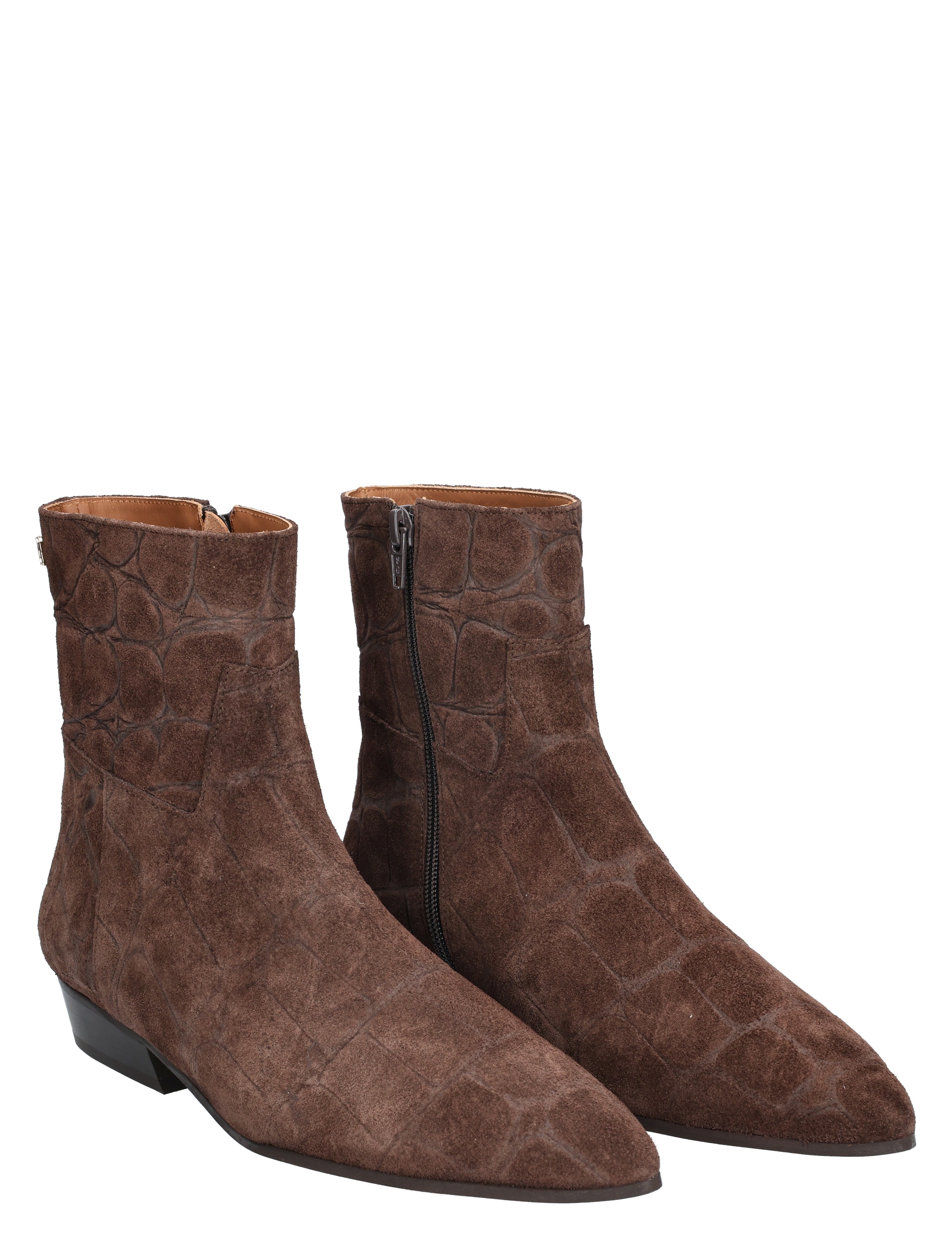 ankle-boots, brown, suede, croco-pattern, zips