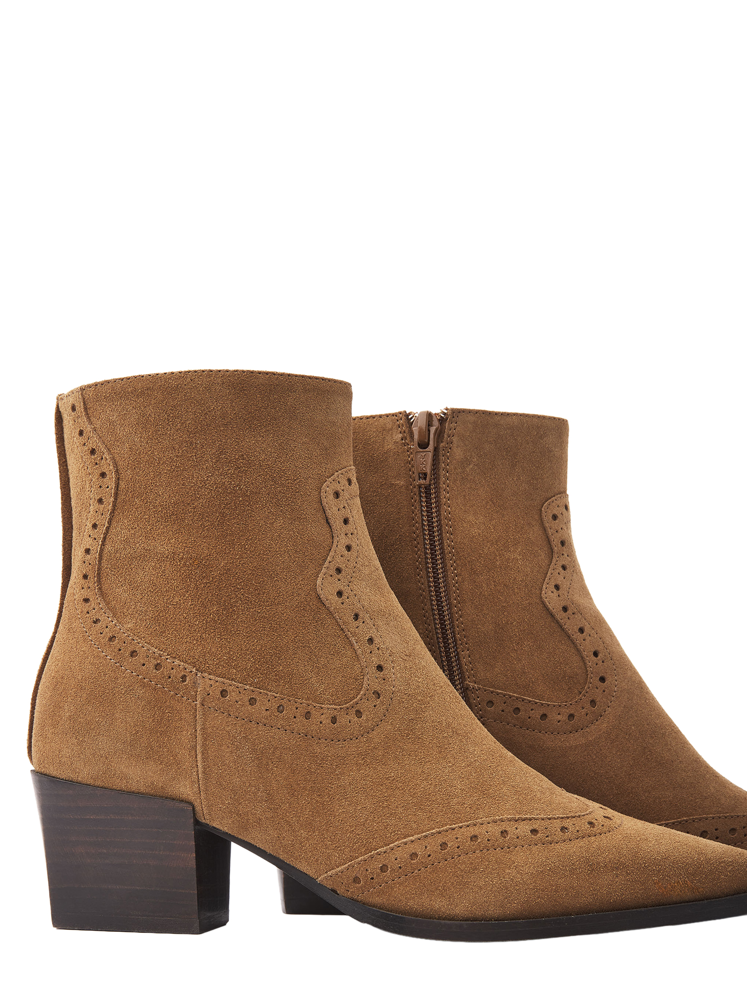 enkellaarzen, suède, bruin, blokhak, brogued