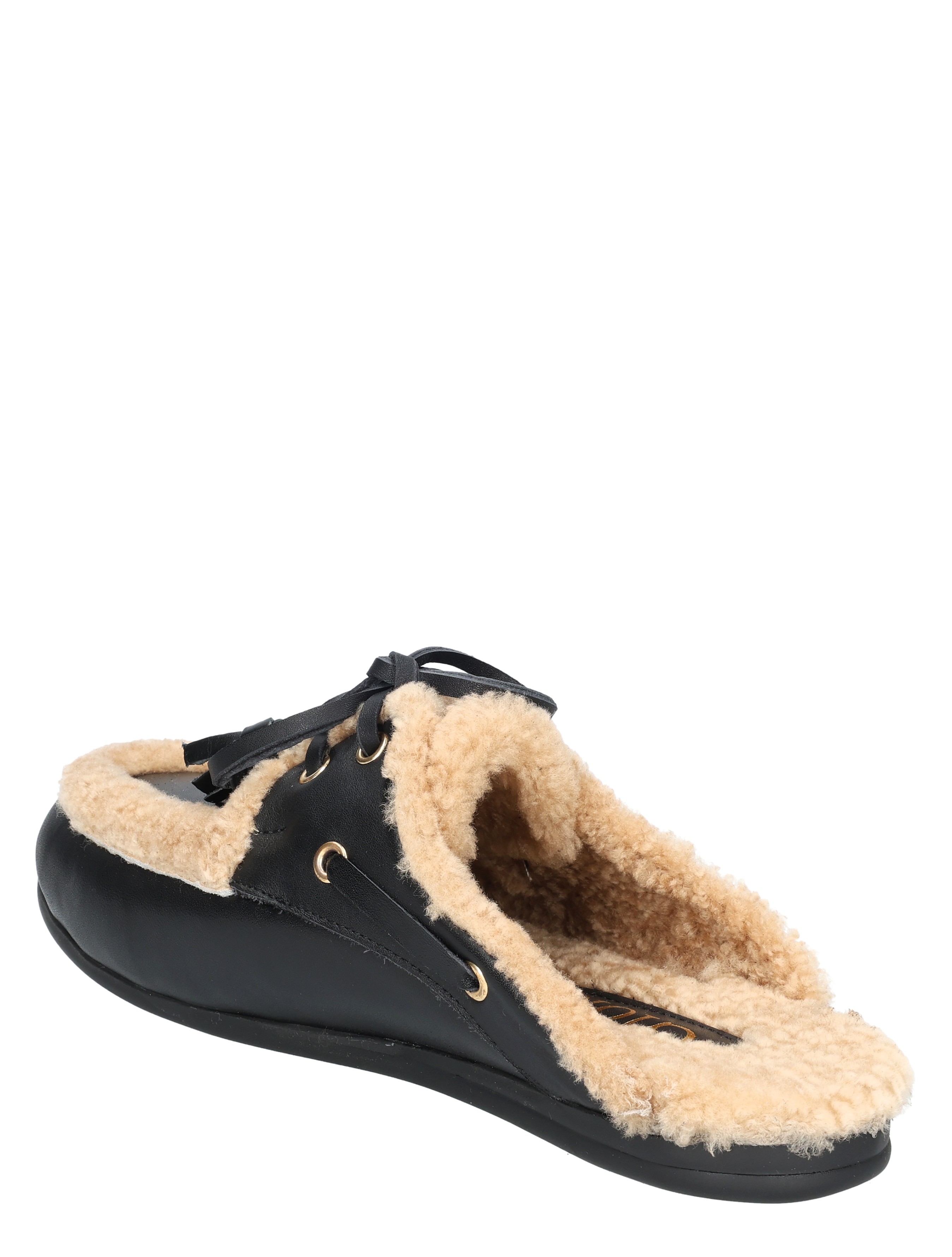 slippers, mocassin, faux-shearling, black, open-back