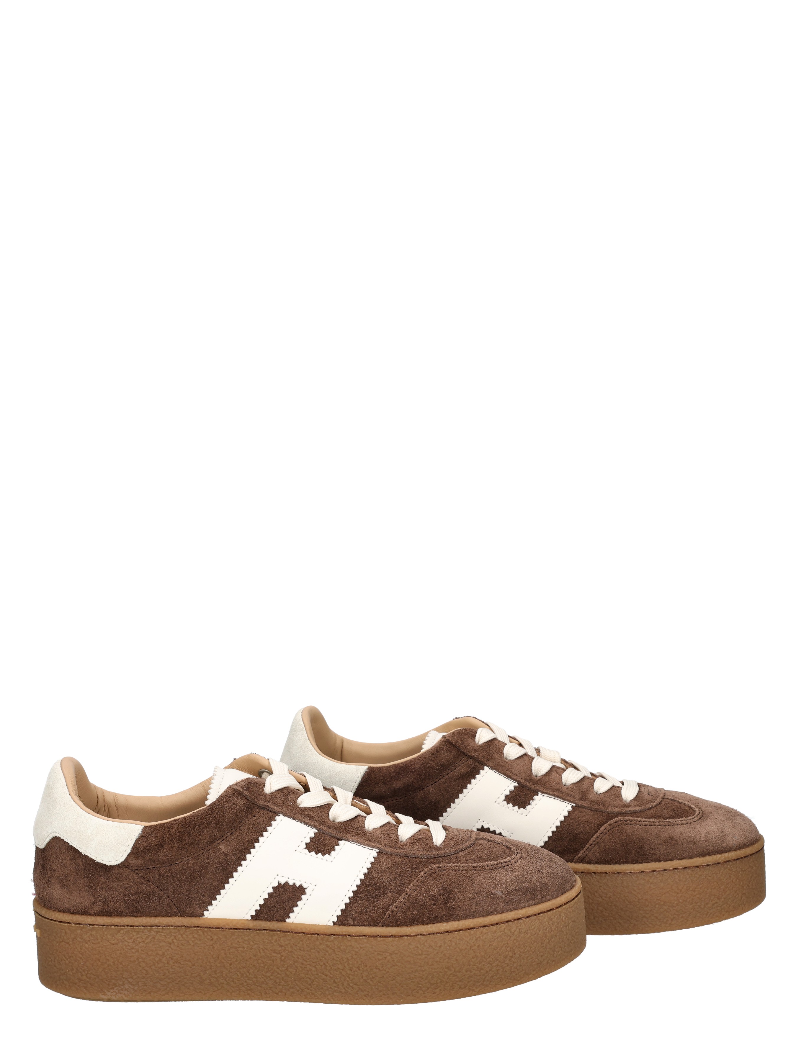 sneakers, platform, suede, bruin, witte-accenten