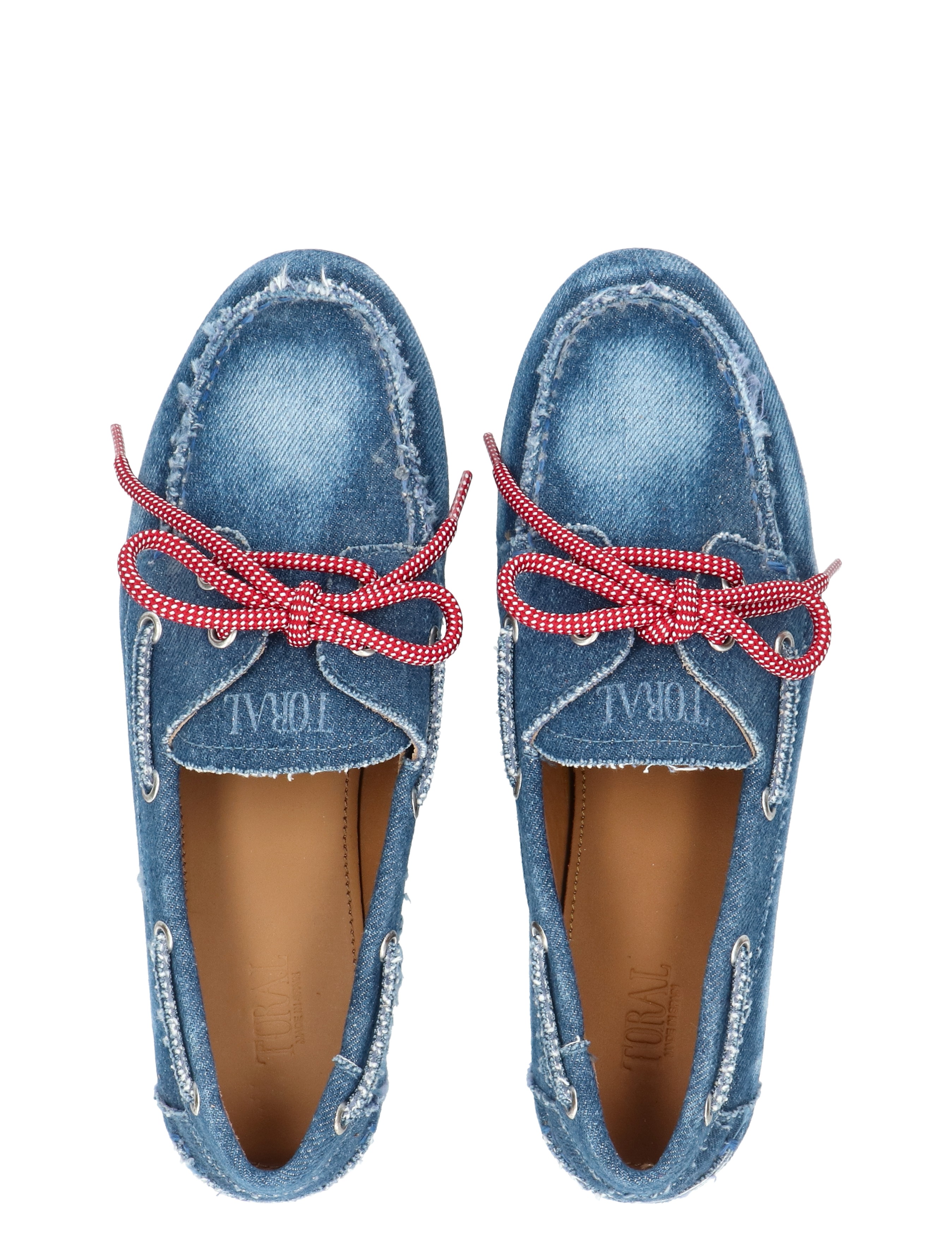 jeansachtige mocassin, blauw, laced shoes, denim boaters, rode veters