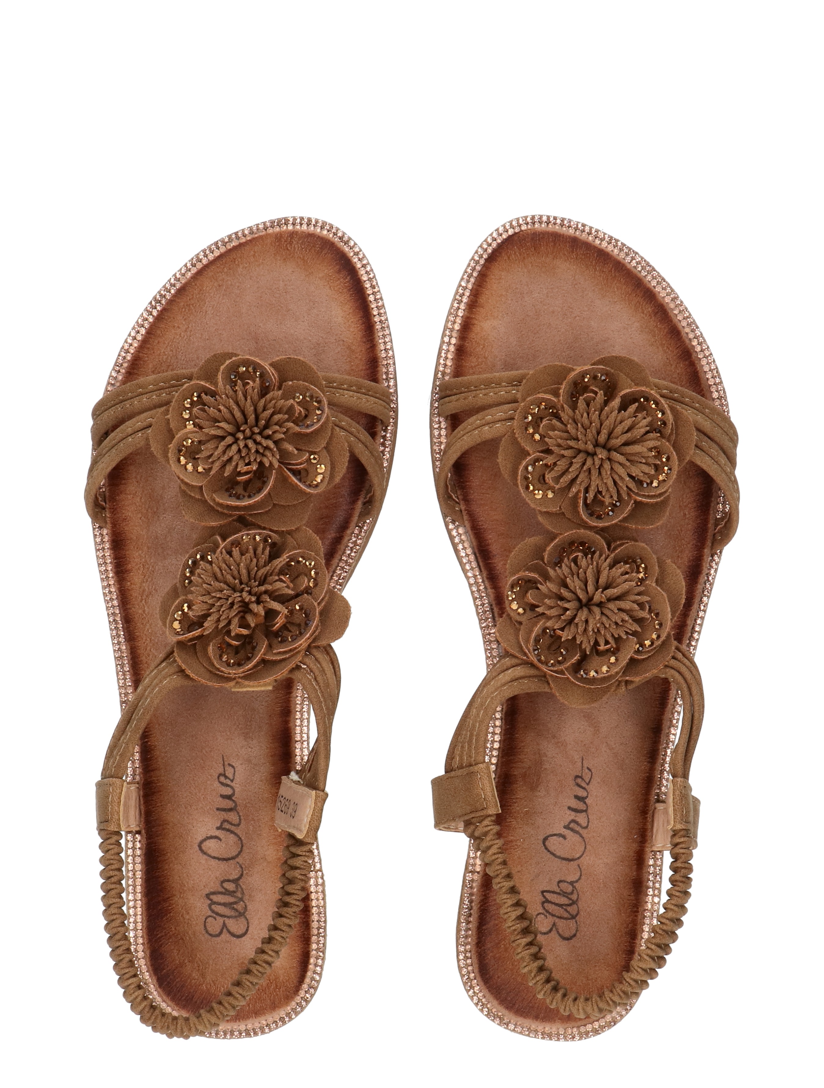 sandalen, zijden bloem, bruin, sleehak, rieme slingback