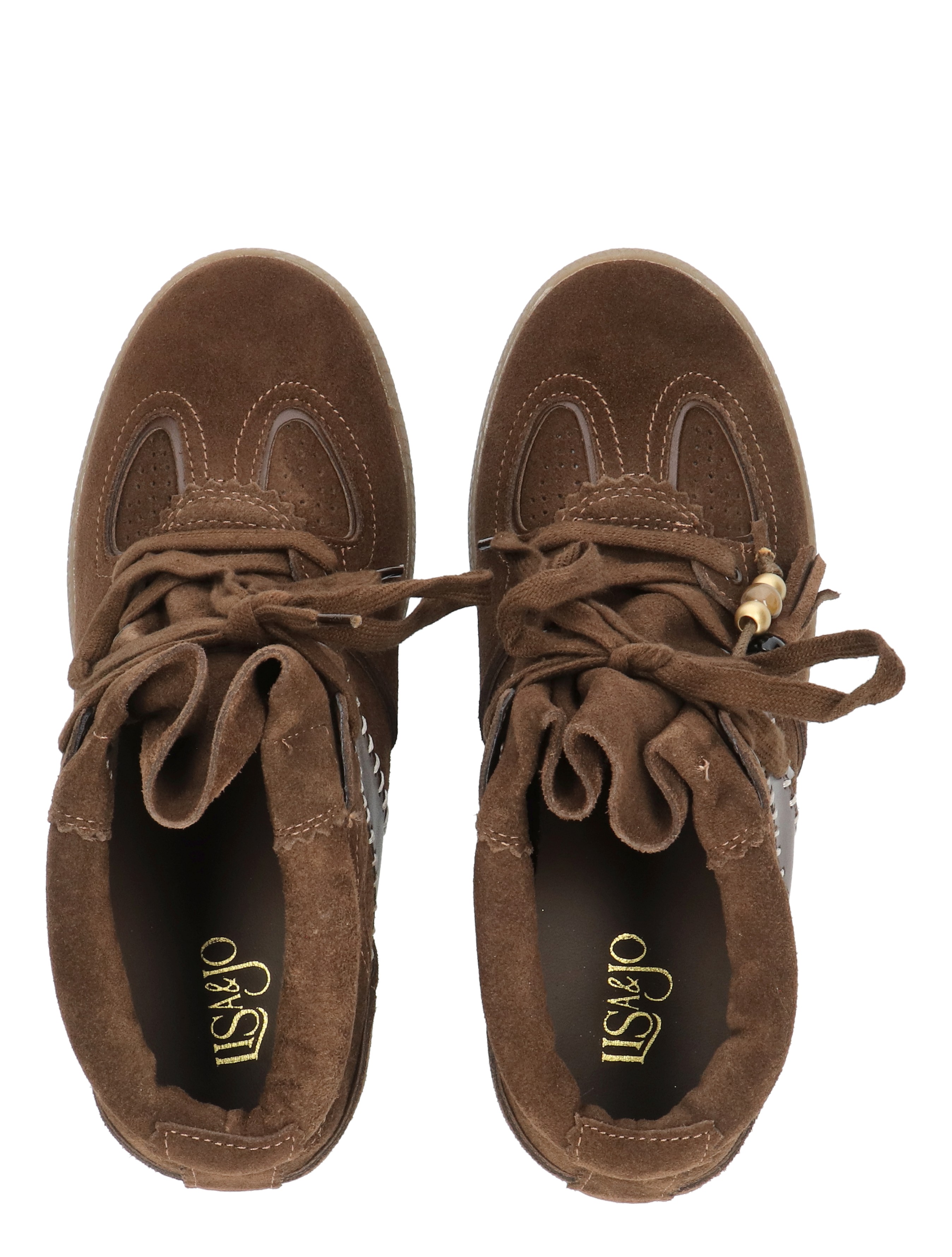 broek, bruine sneaker, suede, veters, zolen