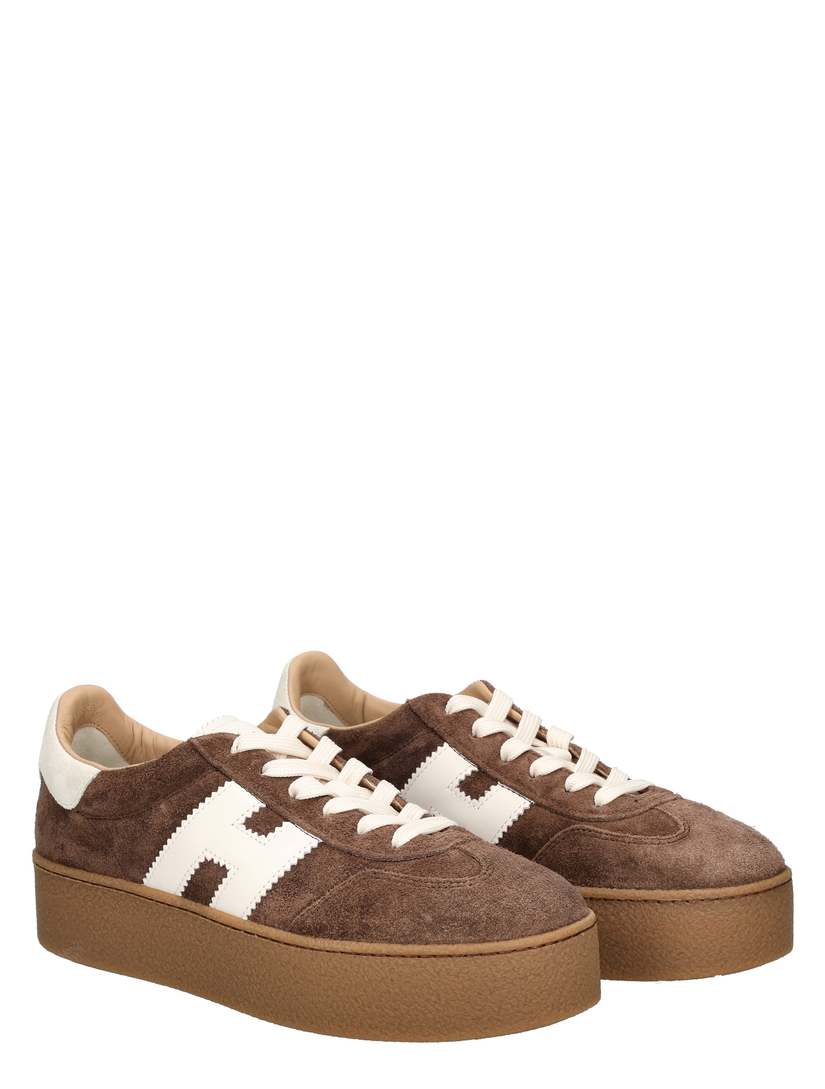 sneakers, bruine suède, platform, witte band, luxe sport