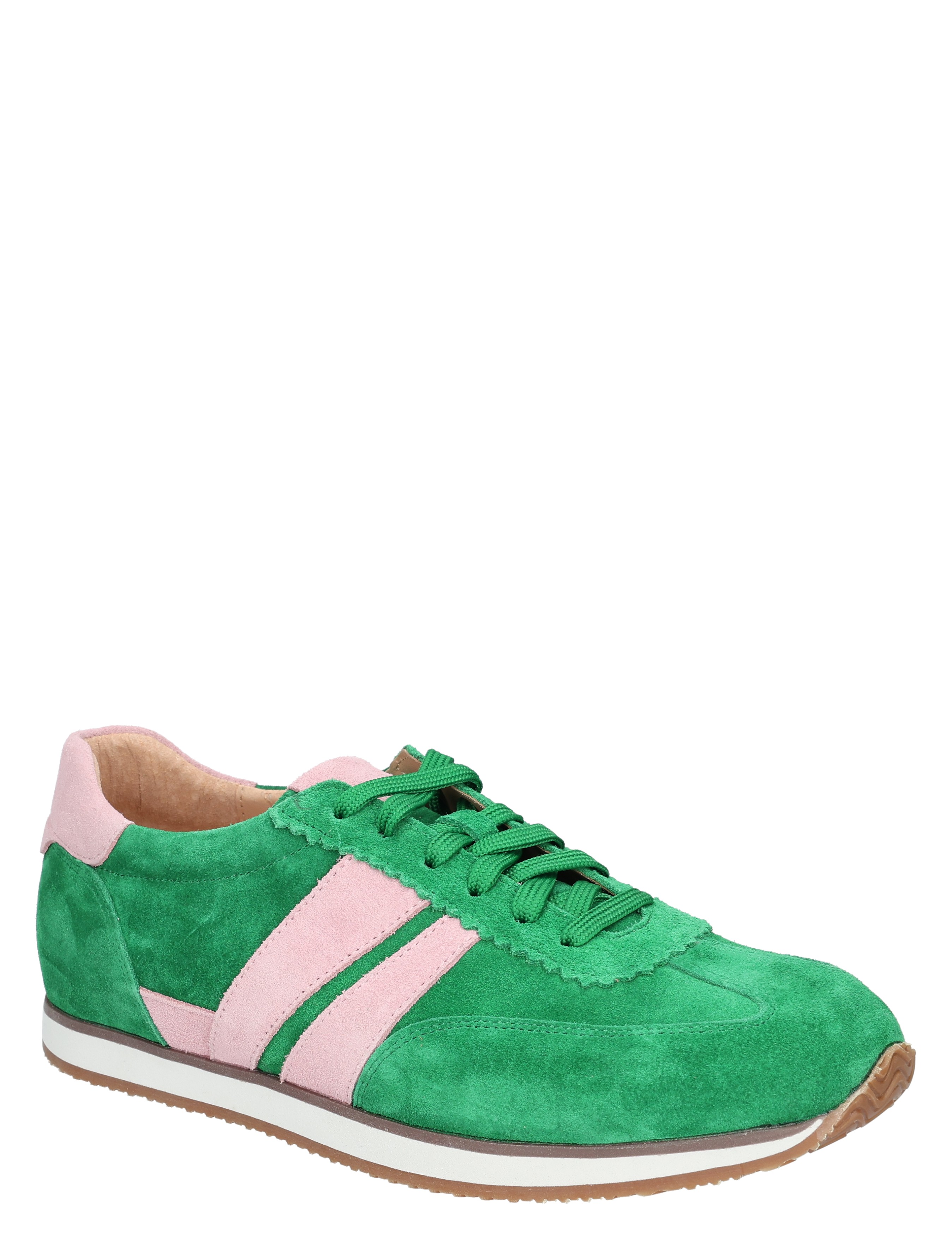 groene sneakers, suède, roze accenten, casual schoen, sportschoen